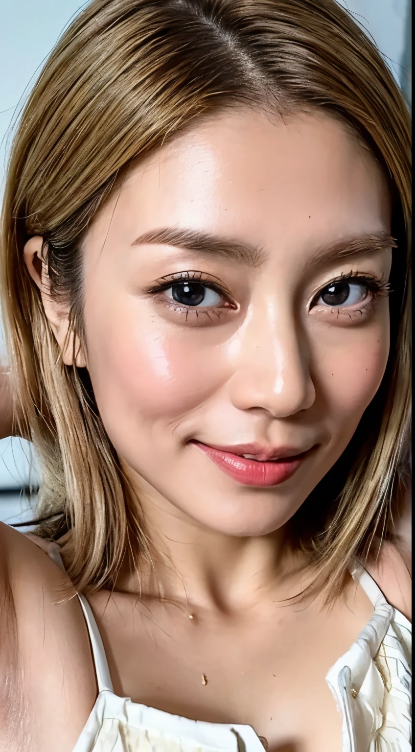 (Realistic:1.3、Ultra HD、Ultra-high resolution、8k、Japanese office lady、White collared shirt、Sleep on your back)、((Looking at the camera:1.8))、(Extremely realistic skin texture:1.4)、(Realistic:1.3)、short hair、(smile:0.8)、(blonde:1.5)、(40-year-old woman、Mature Woman)、Ponytail hairstyle、(Raise her arm to show her armpit:1.3)、(Face close-up:1.0)、(Sweat)