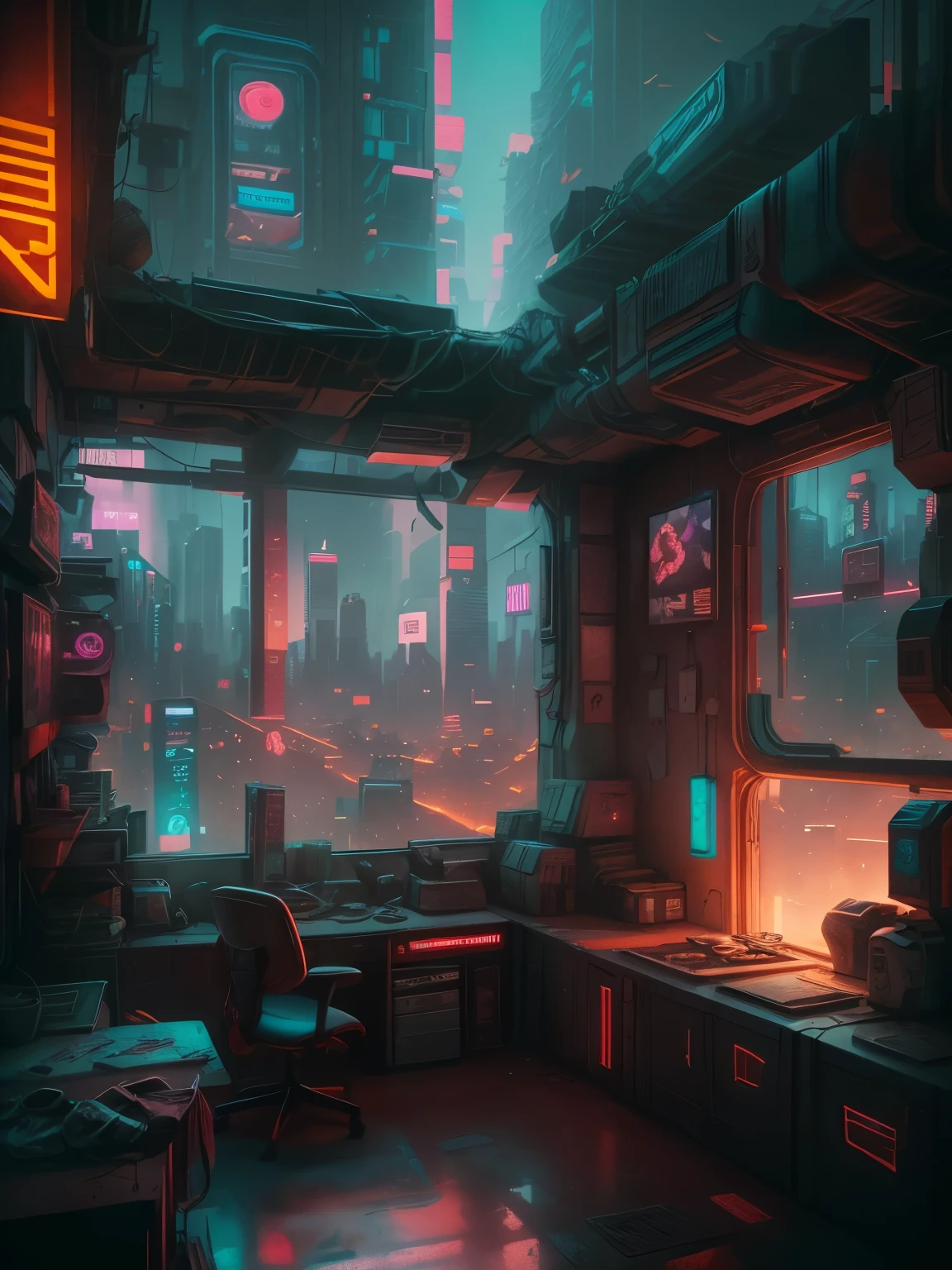 Generate a cozy and peaceful interior with a large window directly across from the camera. Through the window is a massive (((cyberpunk cityscape))) with (neon lights), highly detailed buildings, and colorful accents. The window and cityscape are important and should be focal points of the image. The room offers a sanctuary from the busy details of everyday life. This image should contrast quiet interiors with vibrant, busy, dynamic exteriors. Take inspiration from Kamen Nikolov's cyberpunk work on Artstation. Utilize trending art styles and dynamic lighting to create a ((masterpiece)). 