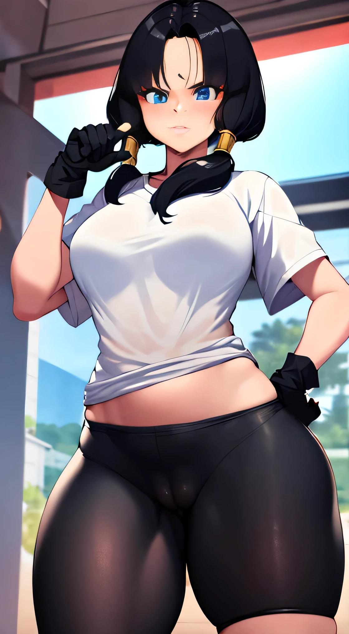 masterpiece, best quality, highres, videl2, solo, blue eyes, black hair, twintails, black gloves, bike_shorts, bangs, white shirt, badge, cowboy shot, frown, hand on hip, leaning forward, pointing at viewer, Big Breasts , opening your legs, Nsfw , Focus crotch, detailed and sexy crotch , vulva Nsfw , Swollen vulva, big and voluptuous crotch vulva