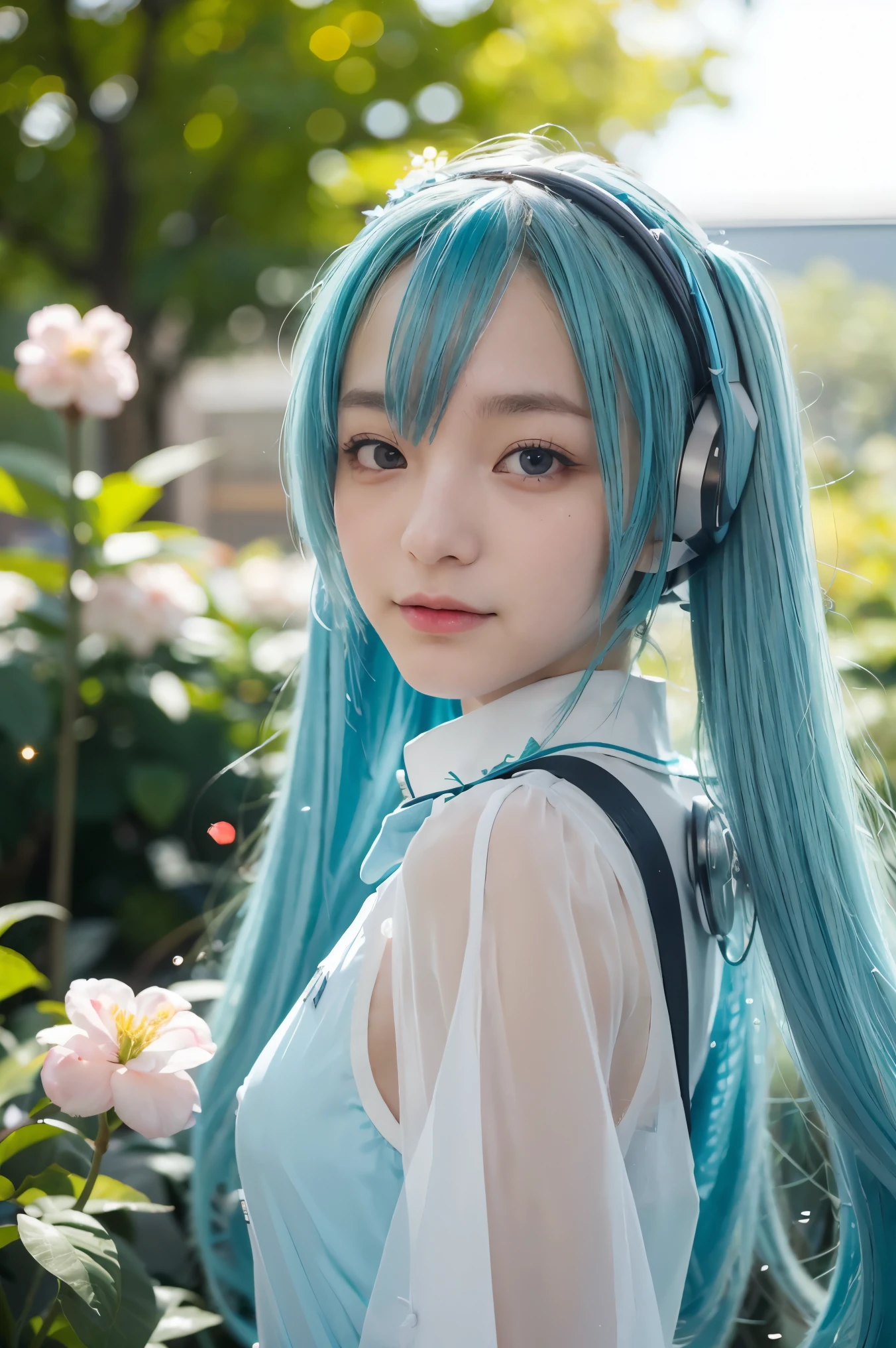 (masterpiece, best quality:1.4), high detail, detailed background,dramatic lighting, 1girl, cute, (vocaloid), ((Hatsune Miku)), ((blue teal hair)), (long hair), (pastel colors:0.9), (blue beautiful eyes), (gradient hair), (gradient eyes), (((masterpiece, best quality, volumetric lighting, dynamic pose, intricately detailed face))), ((perfect eyes)), (((looking at the viewer))), ((summer)), ((perfect details)), ((light particles)), ((scenery)), ((Garden)), ((illustration, aesthetic)), flowers covering one eye, ((robotic dress)),
