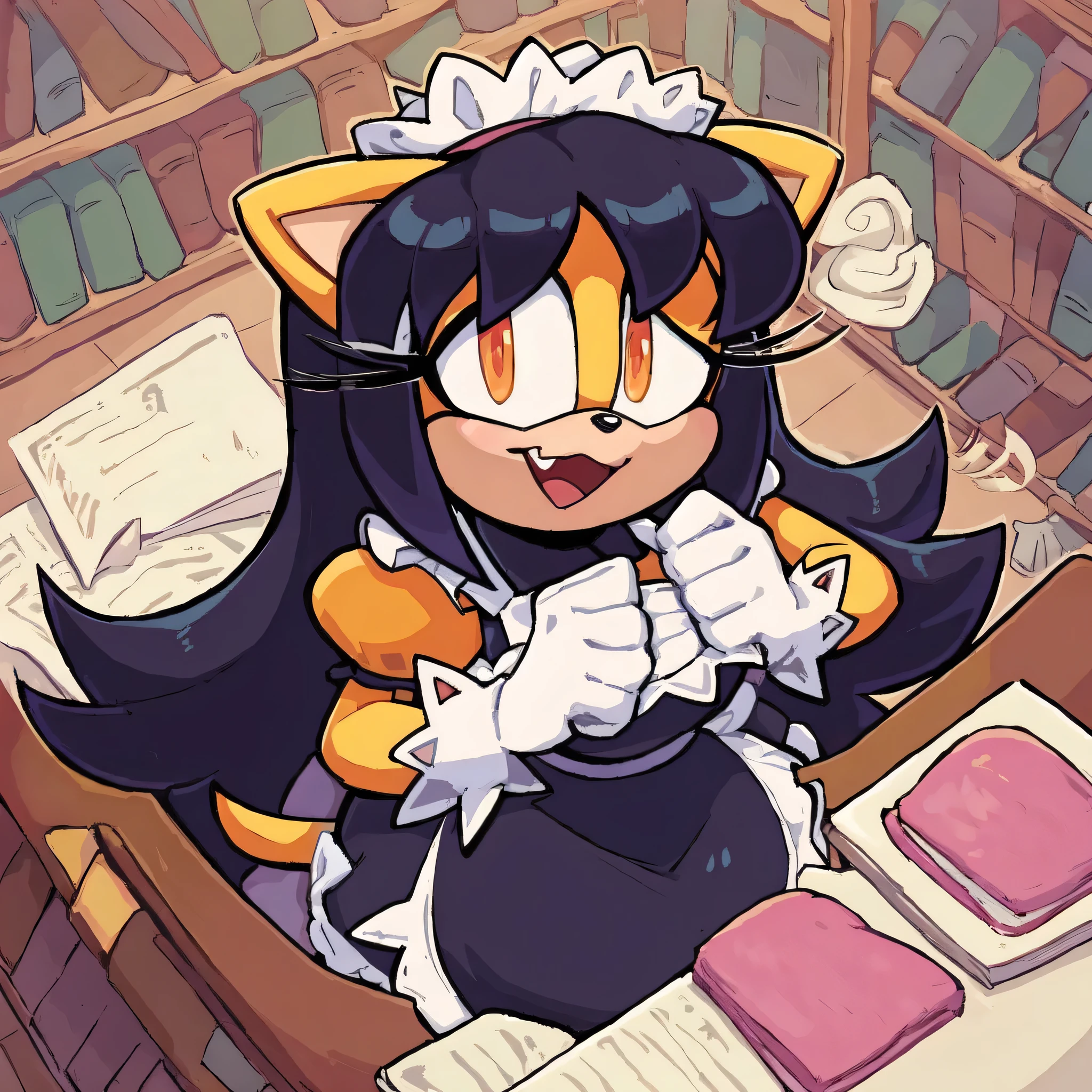 score_9, score_8_up, 2D, flat color, library background, looking at viewer, 1girl, very detailed, extremely detailed, honey the cat from the sonic the hedgehog series, portrait, above shoulder, puzzled expression, droopy eyes, hypnotizedeyes, sound lines, open mouth, makeup, hair down, long hair, maid attire, large bust, milf, dusting table