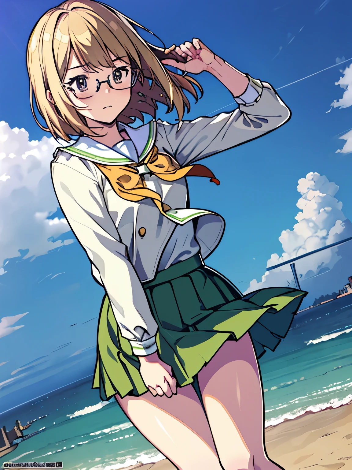 best quality, masterpiece, (dutch angle:1.4), embarrassed, seto miyako, (wind blowing the skirt, skirt tug:1.4), (school background:1.3)