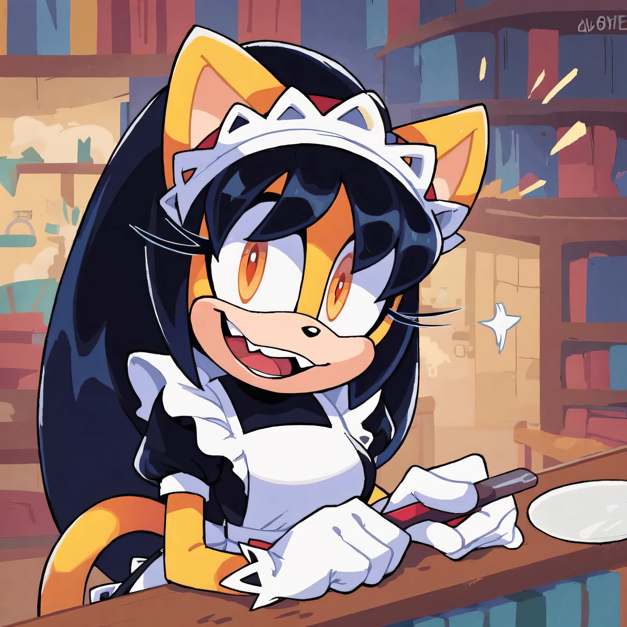 score_9, score_8_up, 2D, flat color, library background, looking at viewer, 1girl, very detailed, extremely detailed, honey the cat from the sonic the hedgehog series, portrait, above shoulder, puzzled expression, droopy eyes, hypnotizedeyes, sound lines, open mouth, makeup, hair down, long hair, maid attire, large bust, milf, dusting table