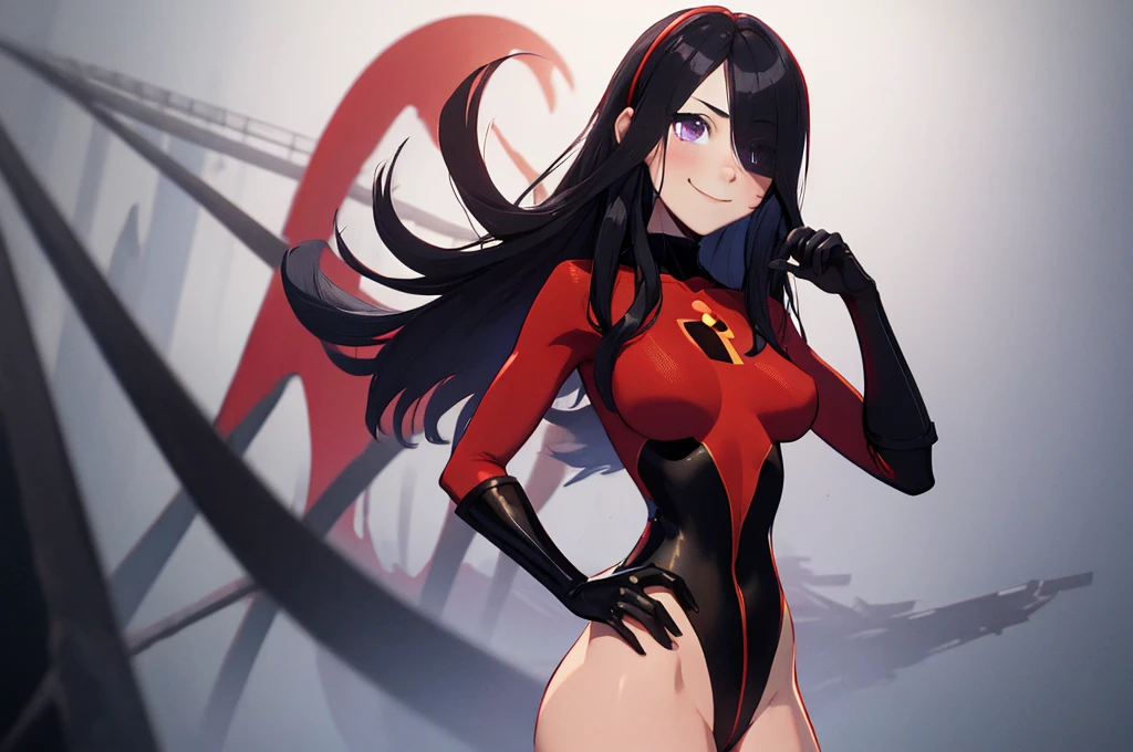(whole body),masterpiece, highest quality, One Girl, Purple By, Long Hair, Black Hair, Hair on one eye, (Red Hero Suit),Red bodysuit,Black elbow gloves,Black thigh-high boots,Thick thighs,Place one hand on hip,upright,View your audience, smile, Simple Background