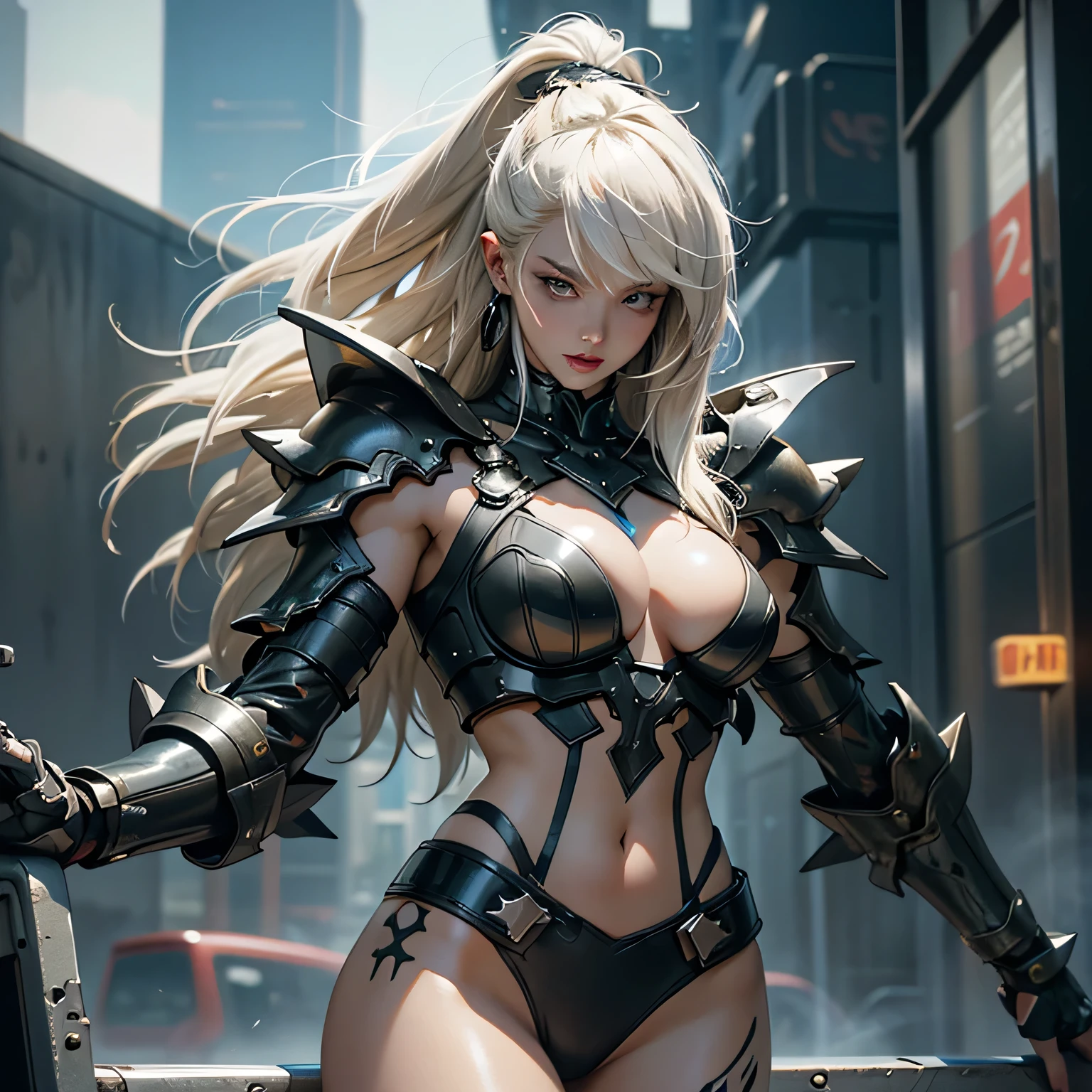 (RAW shooting、highest quality、Masterpiece)、(Real、Photorealistic)、(Super Detail)、Highly detailed CG、8K、UnReal Engine、3D Rendering、((High contrast))、(High chroma)、(Sharpness )、((Very delicate and beautiful))、reflected light、Highly detailed background、((Anatomically correct、Accurate hands、Accurate Fingers、Accurate legs、Both eyes have pupils pointing in the same direction))、8K,Cyber City、Big city、Female Heavy Metal,Wild Style, Platinum Blonde Hair,Detailed Hair、Earrings, Black Metal Bikini Armor,Spiked shoulder armor,cyber punk, armor, Costume with lots of spikes and rivets, Thick cross belt,Full body tribal tattoos,Cleavage, Glossy surface、Glowing Skin