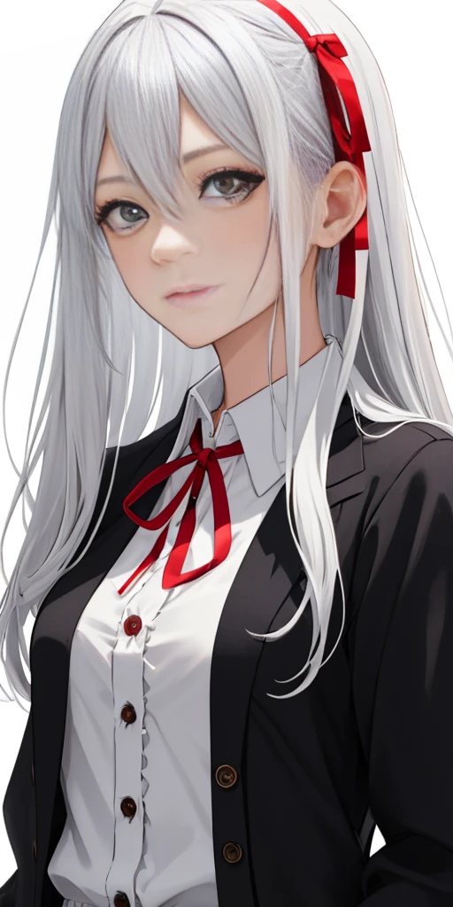 ((casual-style)), 1girl, solo, white hair, shirt, red ribbon, ribbon, looking at viewer, long hair, upper body, white eyes, white shirt, grey eyes, hair between eyes, neck ribbon, collared shirt, cardigan, closed mouth, expressionless, jacket, simple background, frills, bangs, white background, long sleeves
