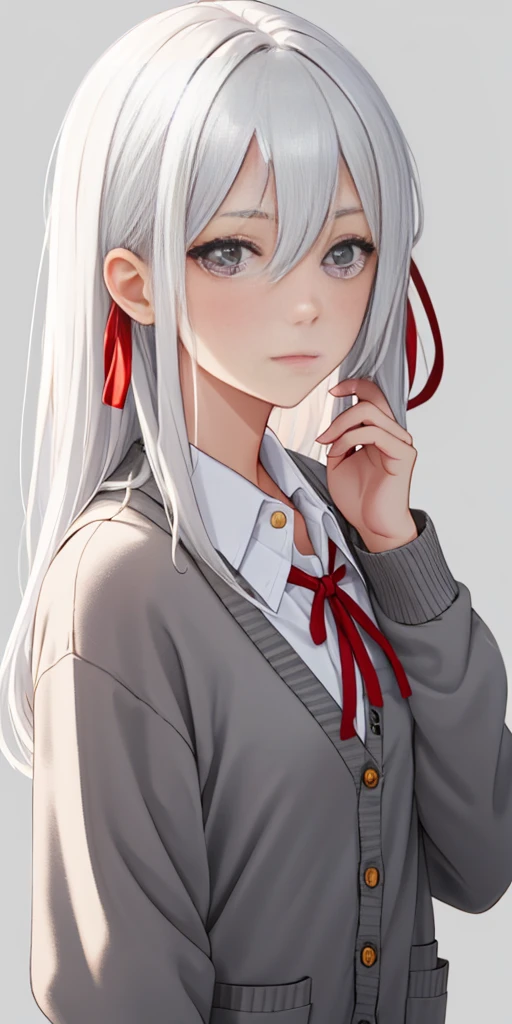 ((casual-style)), 1girl, solo, white hair, shirt, red ribbon, ribbon, looking at viewer, long hair, upper body, white eyes, white shirt, grey eyes, hair between eyes, neck ribbon, collared shirt, cardigan, closed mouth, expressionless, jacket, simple background, frills, bangs, white background, long sleeves