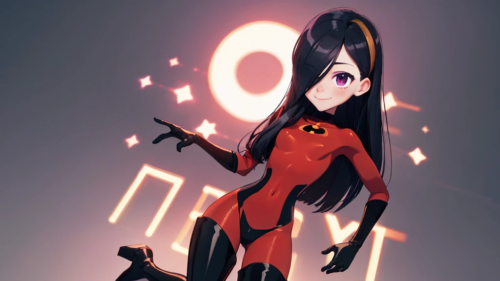 (whole body),masterpiece, highest quality, One Girl, Purple By, Long Hair, Black Hair,  Hair on one eye,  (Red Hero Suit)，Red bodysuit，Black elbow gloves，Black thigh-high boots，Thick thighs，Place one hand on hip，upright，View your audience, smile, Simple Background 