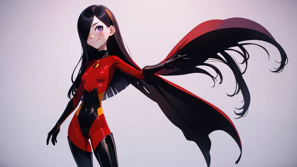 (whole body),masterpiece, highest quality, One Girl, Purple By, Long Hair, Black Hair,  Hair on one eye,  (Red Hero Suit)，Red bodysuit，Black elbow gloves，Black thigh-high boots，Thick thighs，Place one hand on hip，upright，View your audience, smile, Simple Background 