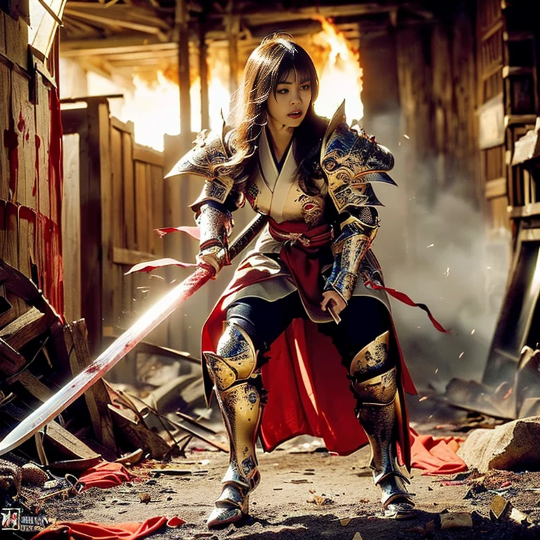 (((Realistic, masterpiece, best quality, crisp detail, high definition, high detail, rich detail, sharp focus, colorful, perfect studio lightning))), ((20 years old goddess, kasumi arimura)),(((in the middle of war, epic war scene, severely wounded, slashed, stabbed by swords, pierced by arrows, attack stance))), wearing (((beautiful ornamented golden heavy armor, decorated full body armor, fully armored beautiful kimono, holding katana, blood scattered face, blood tears, blood bath, blood shed))), (((fire everywhere, blood everywhere, death everywhere, japan bakumatsu period, dead bodies,carcass,burned japanese castle,hellish,chaos)) traditional village background)