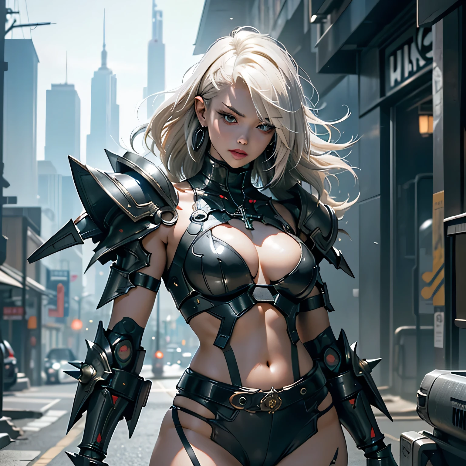 (RAW shooting、highest quality、Masterpiece)、(Real、Photorealistic)、(Super Detail)、Highly detailed CG、8K、UnReal Engine、3D Rendering、((High contrast))、(High chroma)、(Sharpness )、((Very delicate and beautiful))、reflected light、Highly detailed background、((Anatomically correct、Accurate hands、Accurate Fingers、Accurate legs、Both eyes have pupils pointing in the same direction))、8K,Cyber City、Big city、Female Heavy Metal,Wild Style, Platinum Blonde Hair,Detailed Hair、Earrings, Black Metal Bikini Armor,Spiked shoulder armor,cyber punk, armor, Costume with lots of spikes and rivets, Thick cross belt,Full body tribal tattoos,, Glossy surface、Glowing Skin