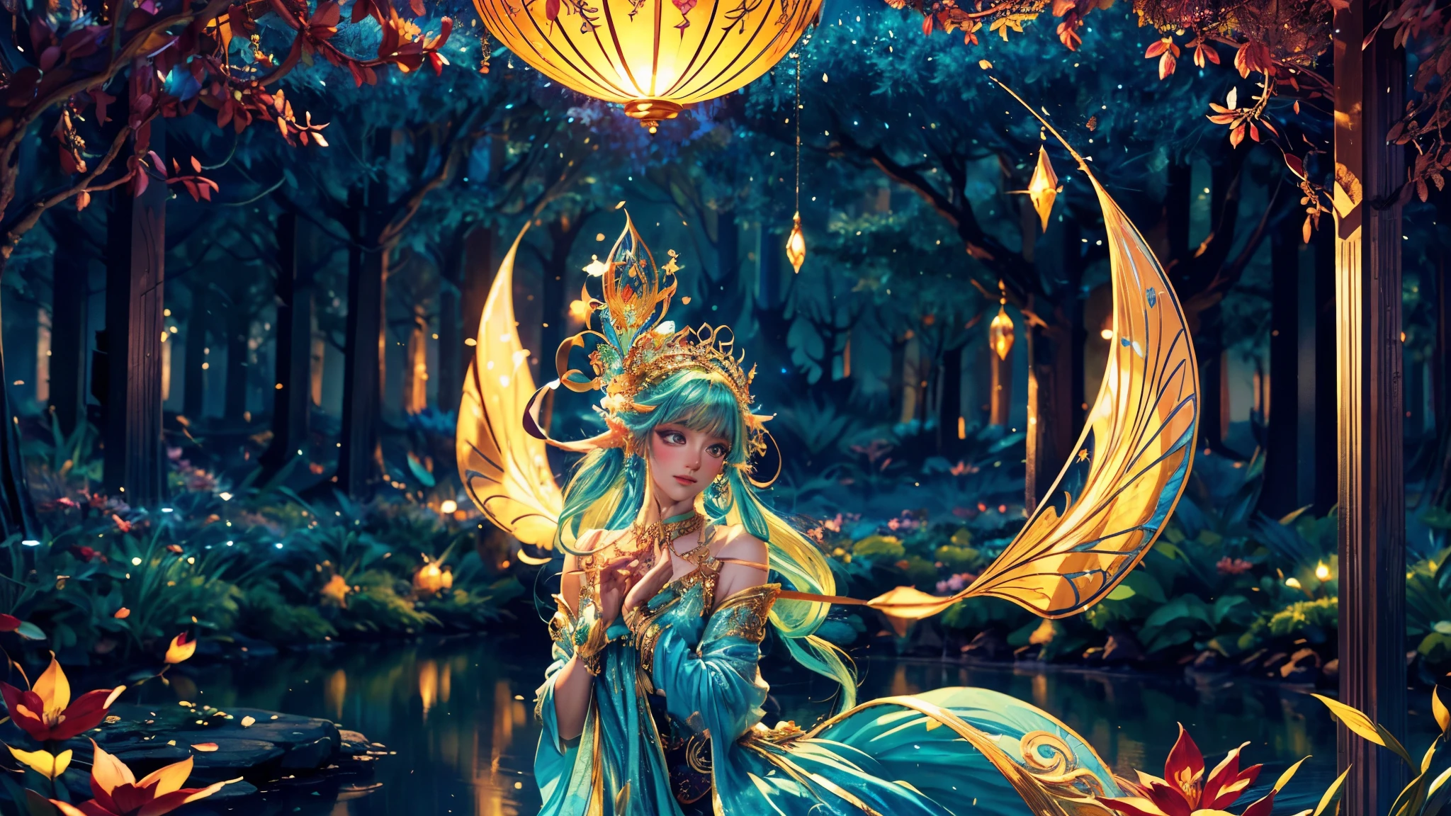 (best quality,4k,8k,highres,masterpiece:1.2),ultra-detailed,(realistic,photorealistic,photo-realistic:1.37),detailed costume,vibrant colors,fantasy lighting,portrait style,enchanted garden,ethereal atmosphere,golden hour,ornate designs,flowing fabrics,magical elements,luminous glow,ornamented headpiece,surreal backdrop,rich textures,elaborate patterns,impeccable craftsmanship,exquisite jewelry,dreamy expression,mystical aura,whimsical details,majestic presence,enchanted forest,bold brushstrokes,playful colors,dreamlike composition,fairy tale vibes,captivating radiance,ethereal beauty,graceful pose,elaborate headdress,dreamy landscapes,magical essence,vivid imagination,mesmerizing gaze,intricate embroidery,starlit sky,royal elegance,vibrant hues,lustrous reflections,fantasy theme,lively energy,floating petals,majestic scenery,serene ambiance