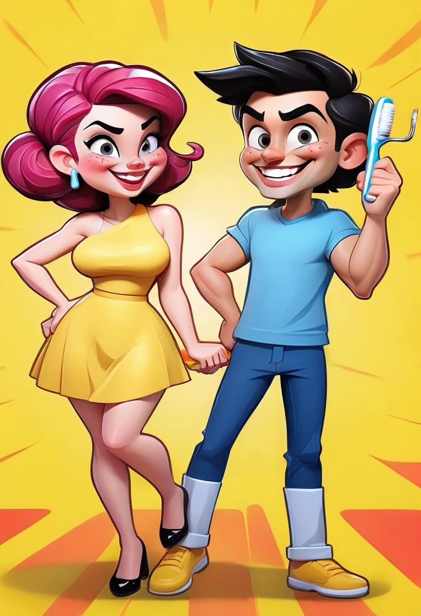 4k, Digital painting, Comic Babes, cartoon couple holding a toothbrush and smiling, caricature illustration, CARTOON ARTstyle, cartoon digital art, in cartoon style, cartoon digital painting, CARTOON ART style , digital art cartoon, CARTOON ART, cartoon style, Cartoon style illustration, happy couple, caricature, realistic cartoon, Cartoon digital painting art, caricaturist alarcón, cartoon portrait, caricature