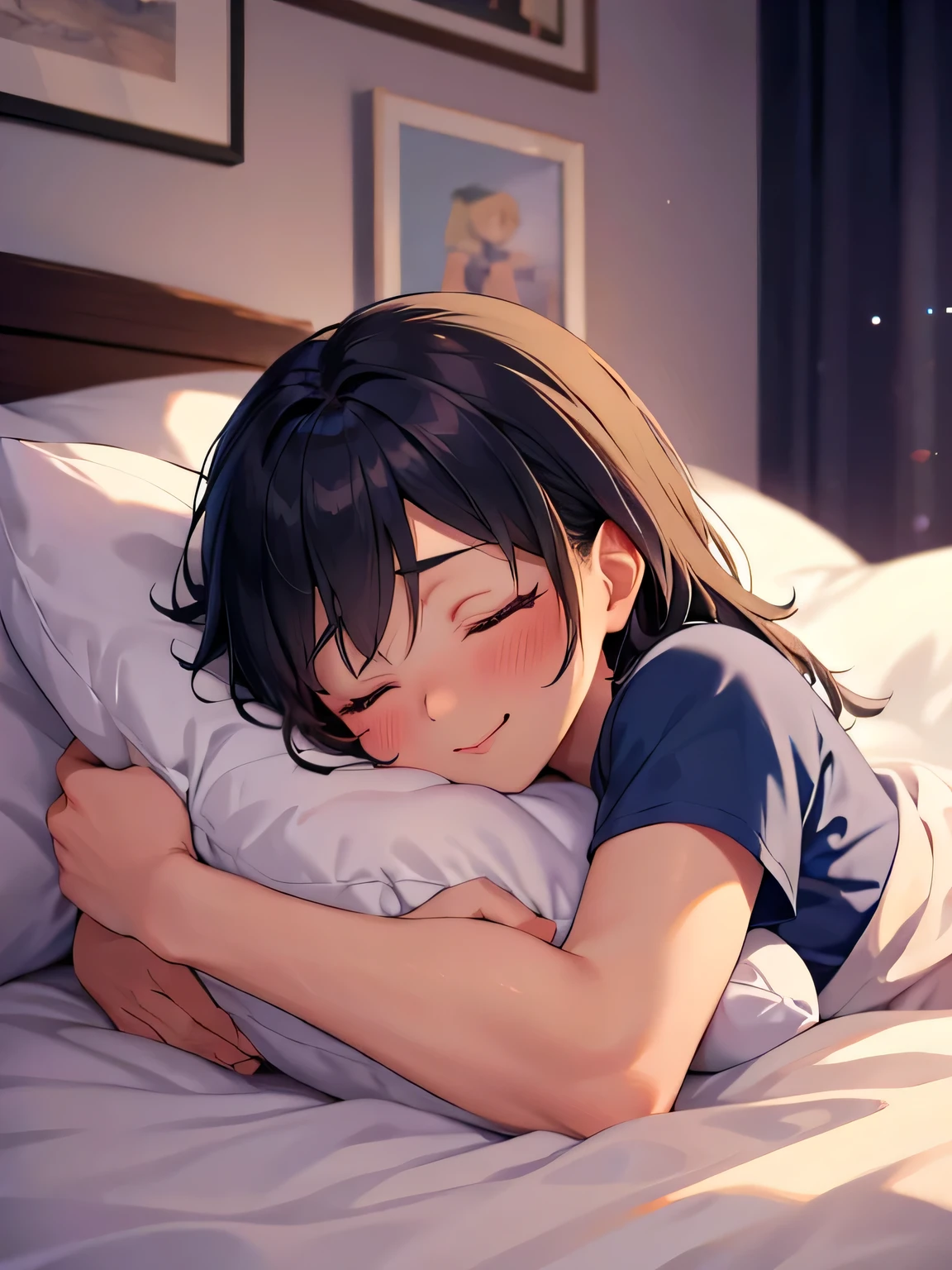 boy hug girl, lip kiss,(arm pillow),18 years old,Sleep well,Plain t-shirts,smile,(close eyes:1.2),blush,lie in bed,Masterpiece,Top Quality,High quality,Ultra detailed,insanely detailed,beautiful