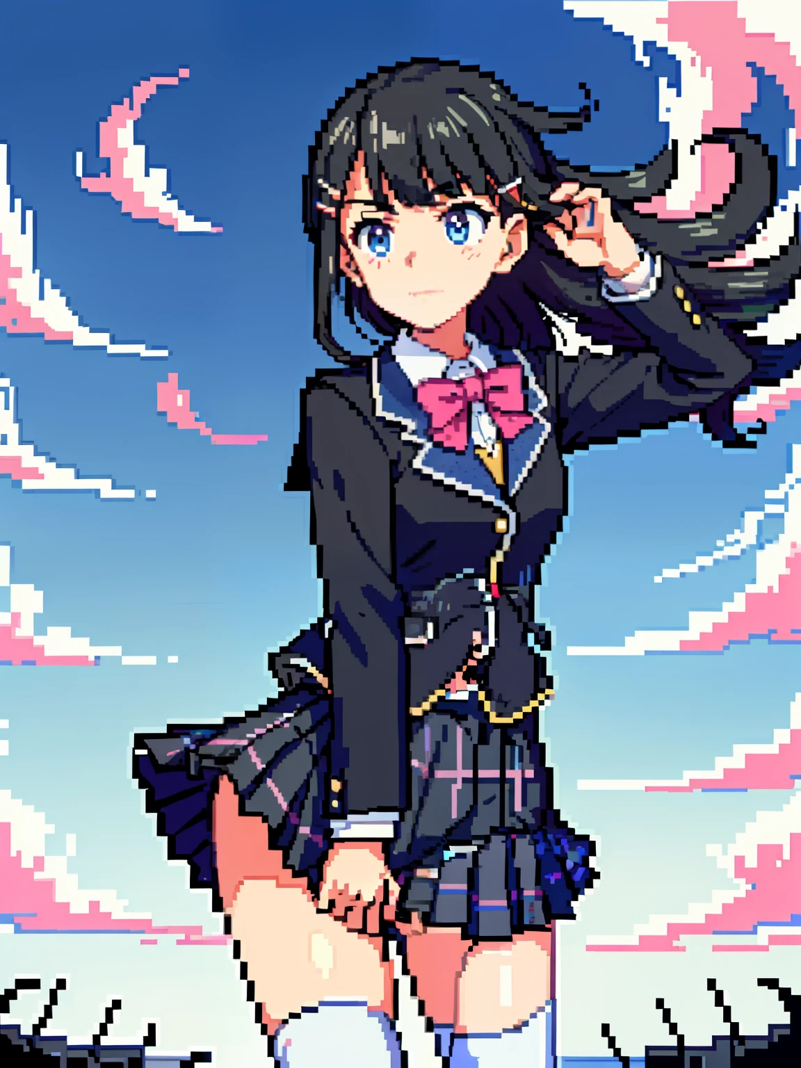 best quality, masterpiece, (pixel art style, dutch angle:1.2), embarrassed, tsukino mito, long hair, black hair, blazer, black jacket, hairclip, hair ornament, white thighhighs, bangs, pleated skirt, pink bow, long sleeves, collared shirt, white shirt, blue eyes, plaid skirt, black skirt, (wind blowing the skirt, skirt tug:1.4), (school background:1.3)