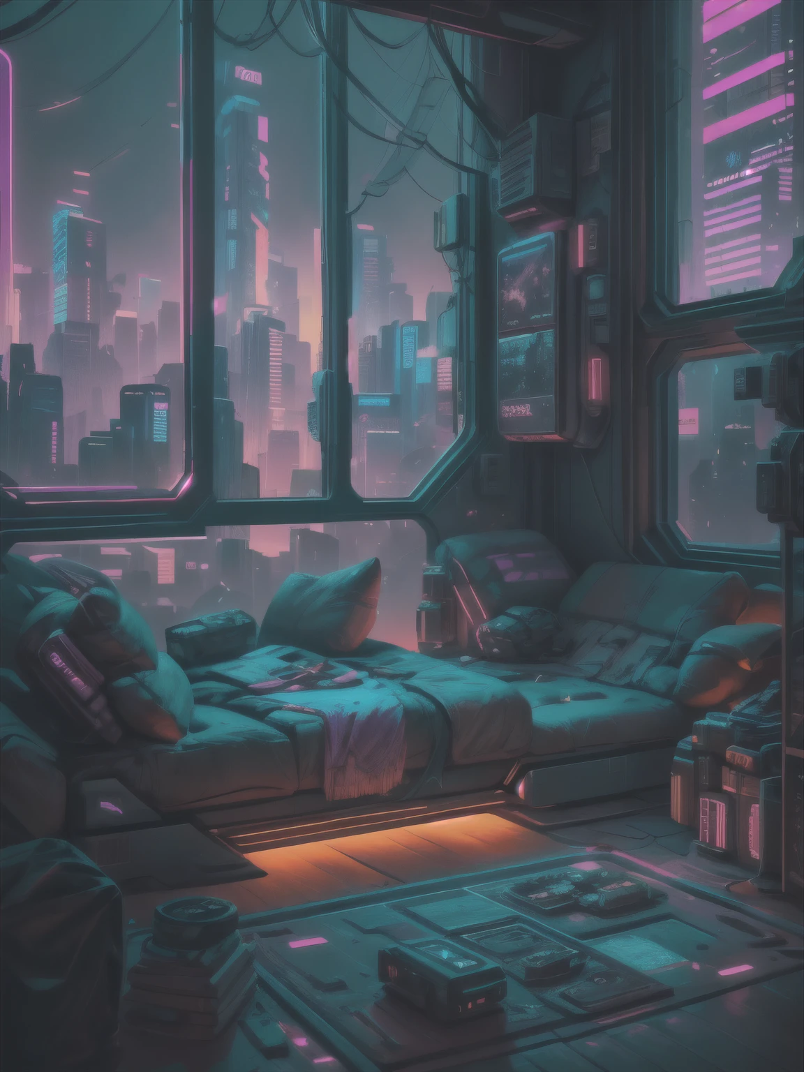Generate a cozy and peaceful interior with a large window directly across from the camera. Through the window is a massive (((cyberpunk cityscape))) with (neon lights), highly detailed buildings, and colorful accents. The window and cityscape are important and should be focal points of the image. The room offers a sanctuary from the busy details of everyday life. This image should contrast quiet interiors with vibrant, busy, dynamic exteriors. Take inspiration from Kamen Nikolov's cyberpunk work on Artstation. Utilize trending art styles and dynamic lighting to create a ((masterpiece)).