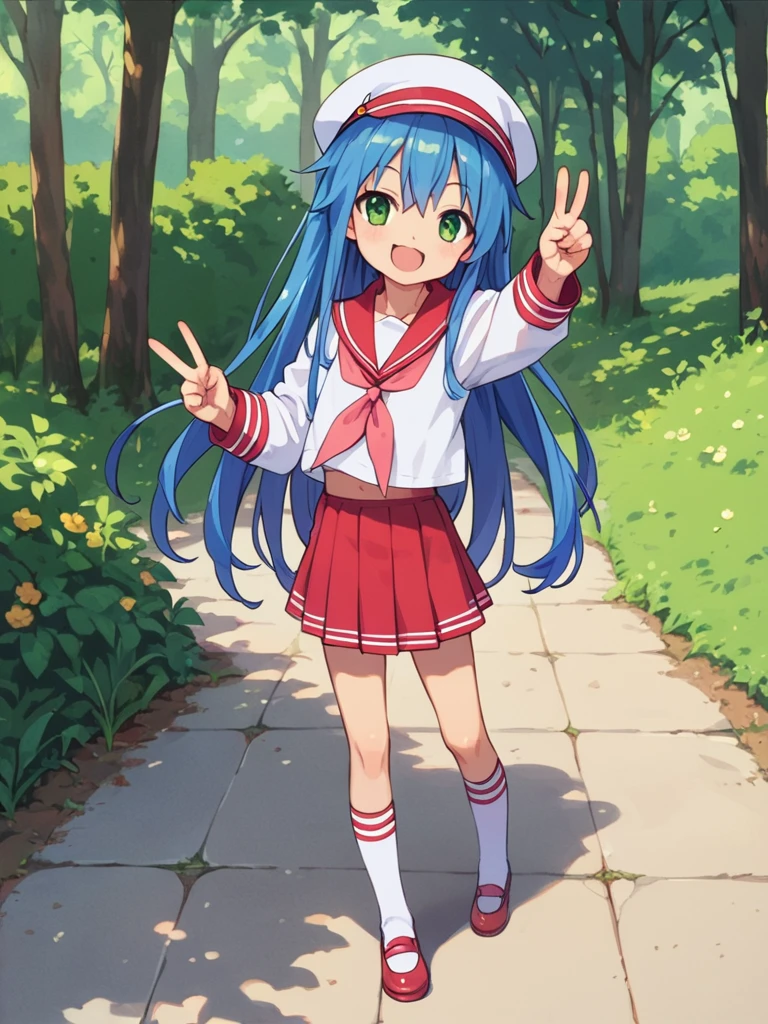 score_9, score_8_up, score_7_up, best quality, masterpiece, source_anime, photo, (natural skin, detailed skin:0.8), uncensored,
(child ,cute ,small girl:0.5), (colourful,Colouring in:1.0),skinny,
konata izumi, long hair, green eyes, blue hair, skinny, 
flat chest, 
1girl,outdoors, serafuku, red miniskirt, red sailor collar, white and red sailor cap, shoes, white and red tighhighs, smile, 
dynamic pose,v,
,   