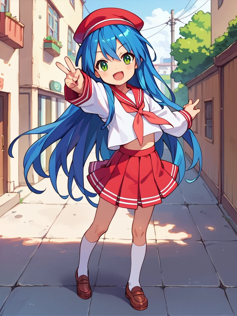 score_9, score_8_up, score_7_up, best quality, masterpiece, source_anime, photo, (natural skin, detailed skin:0.8), uncensored,
(child ,cute ,small girl:0.5), (colourful,Colouring in:1.0),skinny,
konata izumi, long hair, green eyes, blue hair, skinny, 
flat chest, 
1girl,outdoors, serafuku, red miniskirt, red sailor collar, white and red sailor cap, shoes, white and red tighhighs, smile, 
dynamic pose,v,
,   