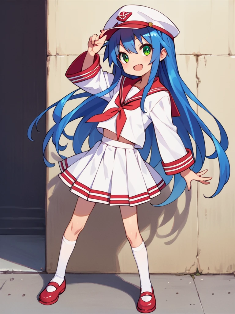 score_9, score_8_up, score_7_up, best quality, masterpiece, source_anime, photo, (natural skin, detailed skin:0.8), uncensored,
(child ,cute ,small girl:0.5), (colourful,Colouring in:1.0),skinny,
konata izumi, long hair, green eyes, blue hair, skinny, 
flat chest, 
1girl,outdoors, serafuku, red miniskirt, red sailor collar, white and red sailor cap, shoes, white and red tighhighs, smile, 
dynamic pose,v,
,   