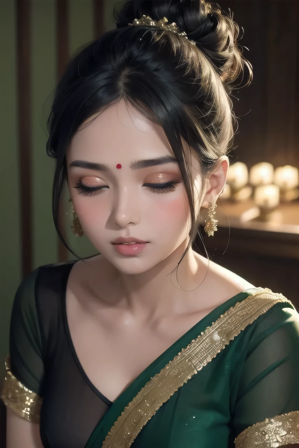 Amazing portrait of a sexy woman with a beautiful face and her black hair tied in a messy bun wearing amazing makeup and blushing intensely while she's flustered and lustful and her perfect lips are parted wearing black blouse and sheer dark green saree being absolutely hot