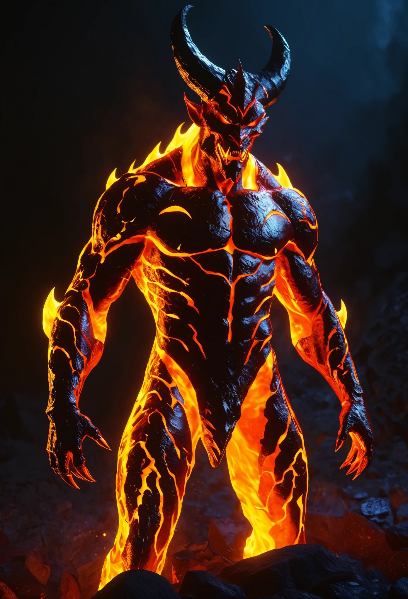 Lava Demon,\(conceptual design\),Half of the devil is made up of magma,Smooth transition,(luminescent),Low light,masterpiece,The finest details,8k,Clear focus,Ray Tracing,