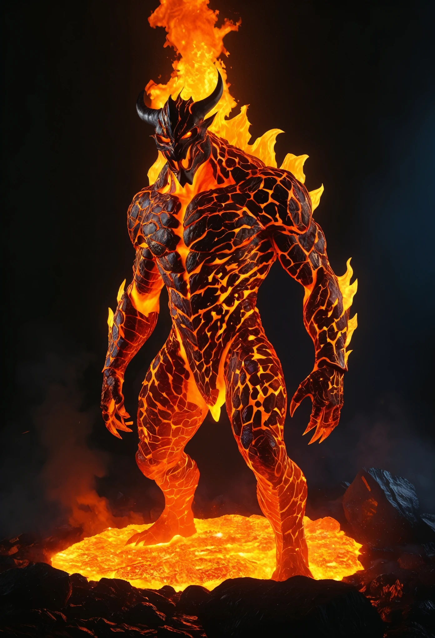 (best quality,4k,8k,highres,masterpiece:1.2),ultra-detailed,(realistic,photorealistic,photo-realistic:1.37),Lava Demon,(conceptual design),Half made up of magma,Smooth transition,(luminescent),Low light,Ray Tracing,Clear focus