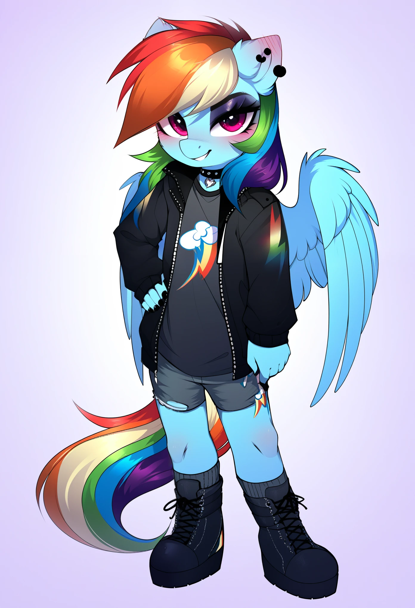 score_9, score_8_up, score_7_up, source_furry, rating_safe, by magnaluna, rainbow_dash_(mlp)  posing seductively in a goth bedroom, anthro, blushing, fullbody, full body