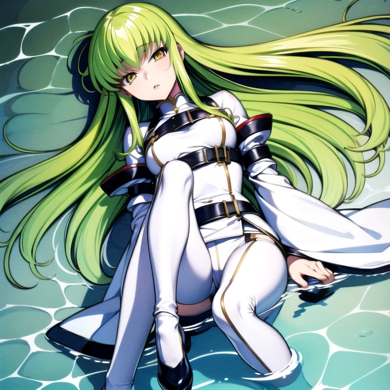 (masterpiece, highest quality, detailed), One Girl, alone, View your audience, c.c., Yellow Eyes, Green Hair, Long Hair, bangs, Medium Chest, Straight jacket, White bodysuit, White shoes, water, 部分的にwater没した, From above, floating, shallow water, Lips parted, Lie in, behind, Long sleeve, Wide sleeves,