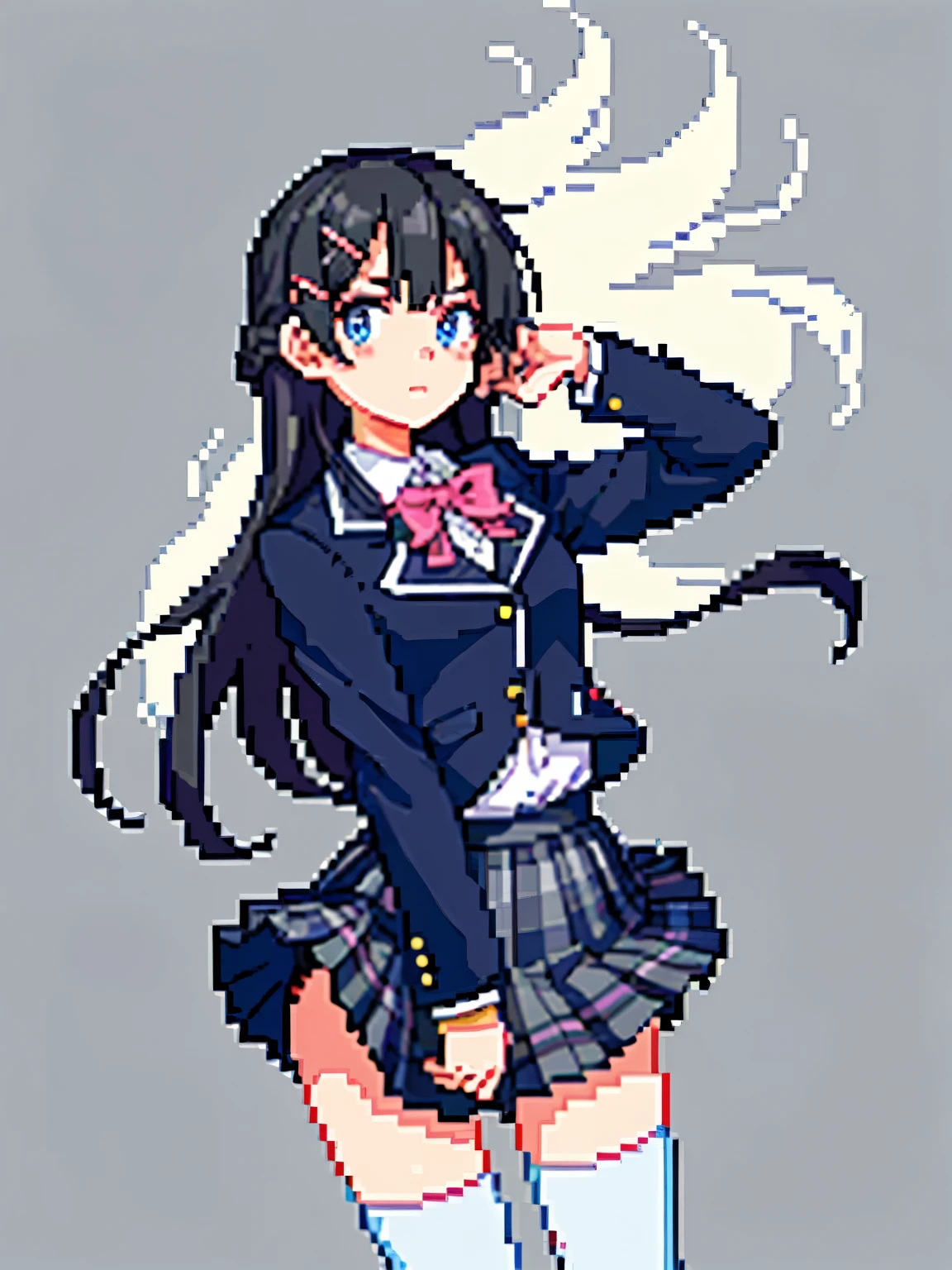 best quality, masterpiece, (pixel art style, dutch angle:1.2), embarrassed, tsukino mito, long hair, black hair, blazer, black jacket, hairclip, hair ornament, white thighhighs, bangs, pleated skirt, pink bow, long sleeves, collared shirt, white shirt, blue eyes, plaid skirt, black skirt, (wind blowing the skirt, skirt tug:1.4), (school background:1.3)