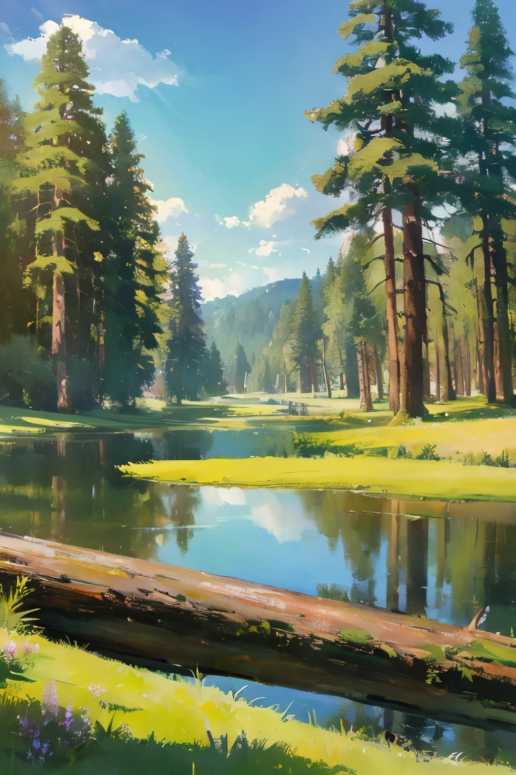 (masterpiece:1.2), (best quality,:1.2), 8k, ((clearing with bright green grass)), ((distant fir forest)), (sunrays), ((distant pond with a log on the shore)), clouds, happy mood