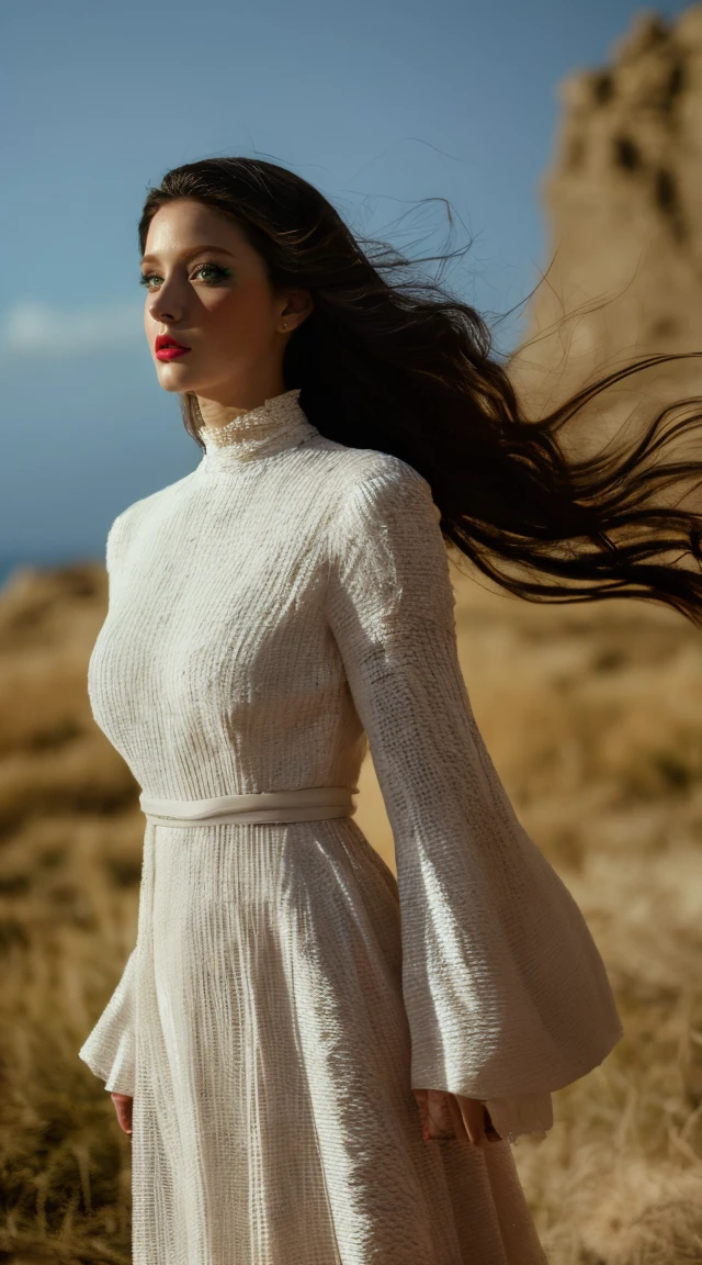 Depict a white woman in a classic pose, with her loose, wavy hair falling over her shoulders. Her face is perfectly symmetrical, with delicately sculpted cheekbones and softly outlined lips. Her eyes are bright and expressive, conveying a sense of confidence and serenity.
The image is composed with a carefully controlled depth of field, allowing the woman to be sharply defined while the blurred background creates a sense of immersion and focus on the main subject.
The lighting is meticulously planned to highlight the details of the character's body, creating dramatic contrasts between light and shadow that add a sense of depth and texture to the image.
Every detail of the scene is carefully captured, revealing its luxurious texture and enhancing its beauty and power.
The background of the image is made up of natural elements that complement the woman's imposing presence, such as the vastness of the plains or the exuberance of the Caribbean sea.
Camera Type: Professional high-resolution DSLR camera.
Lens: A high-quality wide-angle lens to capture a woman's entire body in a single image.
Lens Focal Length: Approximately 35mm to capture a wide, immersive perspective of the scene.
Aperture: Set to f/4 to ensure enough depth of field to keep the character fully in focus, while creating a slight blur in the background.
ISO: Adjusted to 100 to ensure a sharp, high-quality image.
Shutter Speed: Fast enough to freeze any movement of the woman, for example 1/500 second.
White Balance: Configured for the specific lighting conditions of the environment, ensuring accurate and natural colors.
Focus Mode: Single-point autofocus to ensure the woman's details are sharp and well-defined.
Image Stabilization: Enabled to ensure sharp images, especially when shooting at a shorter focal length.