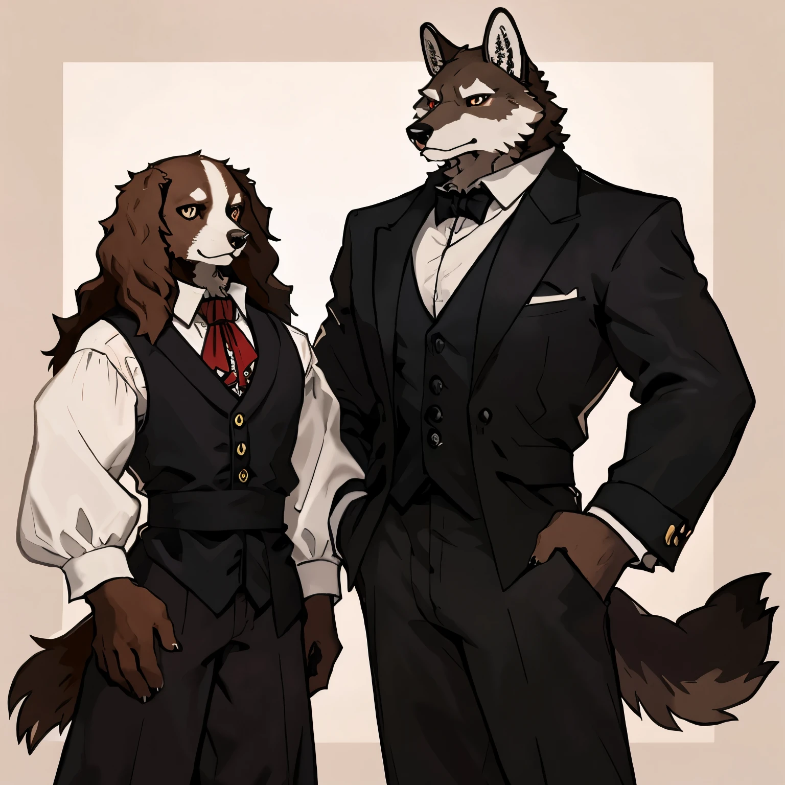 An anthropomorphic male Cocker Spaniel, with red eyes, white and brown fur, and a slim body. He has long hair. He wears a black Victorian-style vest suit with a white button-down blouse underneath and a wine-colored tie with long sleeves and a wine-colored sash tied around his waist, burgundy long pants. He is next to a tall, strong and muscular An anthropomorphic grey wolf with yellow eyes, tall, strong, muscular, and . He wears a black overcoat, and underneath, a black Victorian-era-style suit with a black tie, black pants, and black shoes. The two are together and are taking a couple photo. the gray wolf is married to the male cocker spaniel