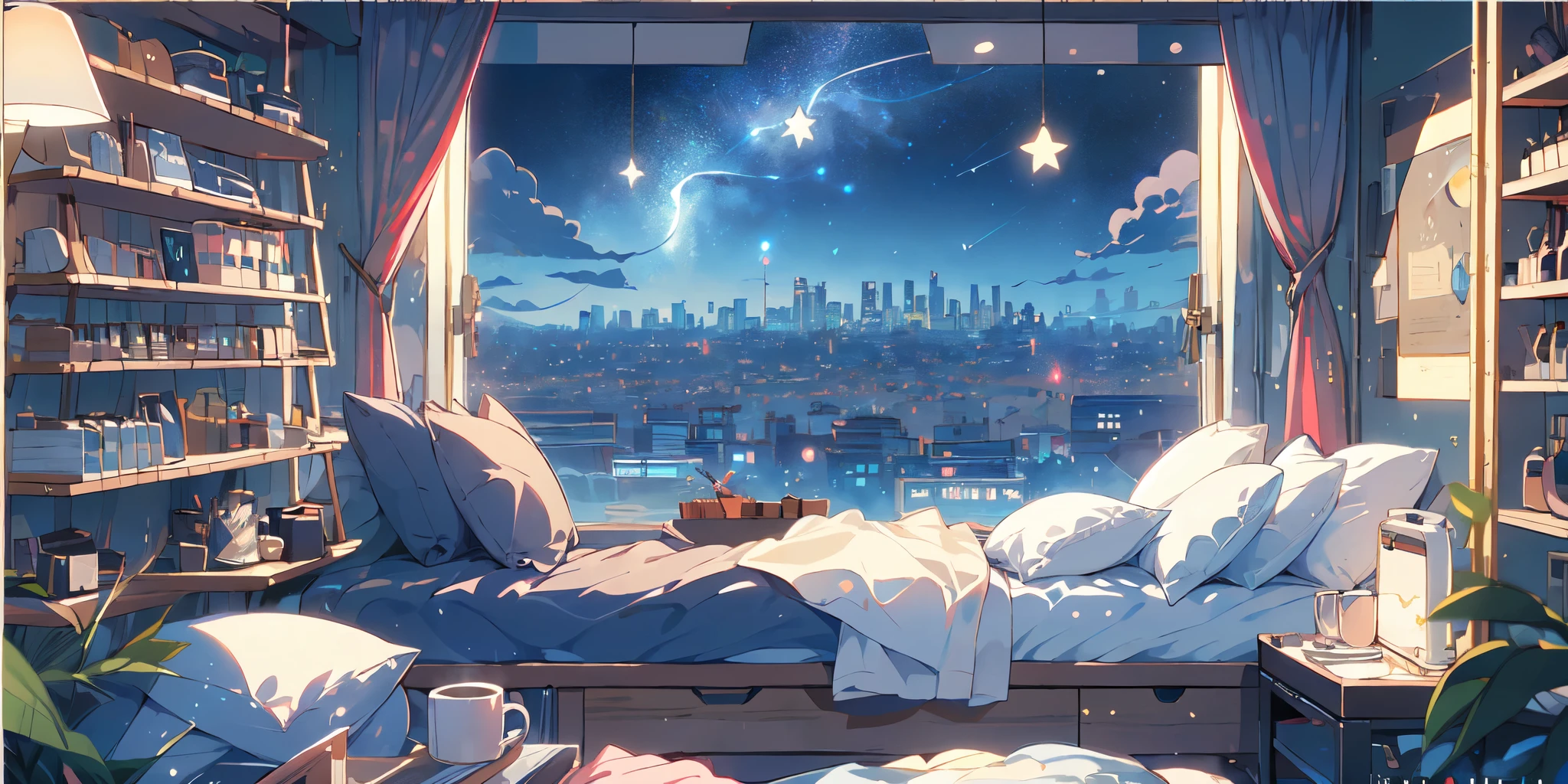 (masterpiece:1.2), best quality,PIXIV,cozy animation scenes,
window, scenery, night, sky, no humans, night sky, star (sky), cityscape, cloud, pillow, curtains, city, cup, starry sky, bed, building, indoors, lamp, mug, shooting star, city lights, skyscraper, watermark, skyline
 