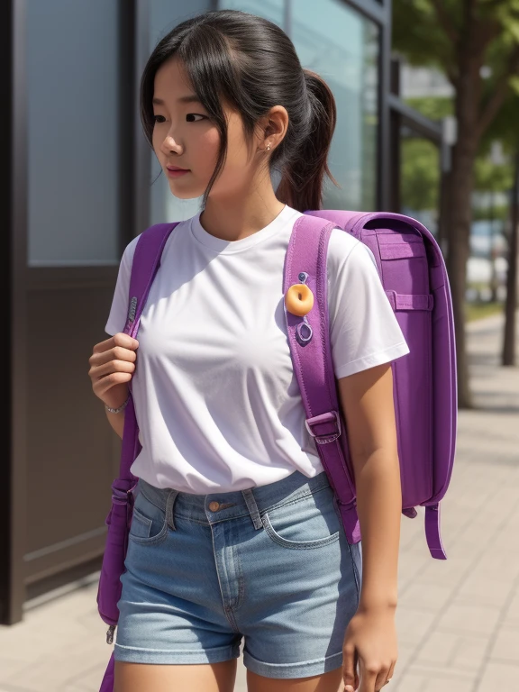 masterpiece, High resolution, One girl, 20 and.○, Black Hair, p○nytail, (Quite a perfect fit:1.7), Wear a thin, see-through white shirt:1.7, Wet:1.2,flat chest:1.2,Denim Mini Pants, Wear sneakers, carrying rand○seru backpack, (rand○seru backpack:1.1), crime preventi○n buzzer, Are standing, upper b○dy:1.7, city