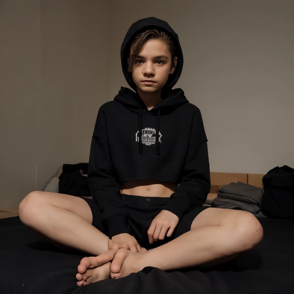 Boy - 11ear very short crop top hoodie, he sits on the bed, very short crop top hoodie, boy 10 - 11 yes, he black underpants, very short crop top hoodie, black underpants, boy, 10 - 11 years, he's refoooot