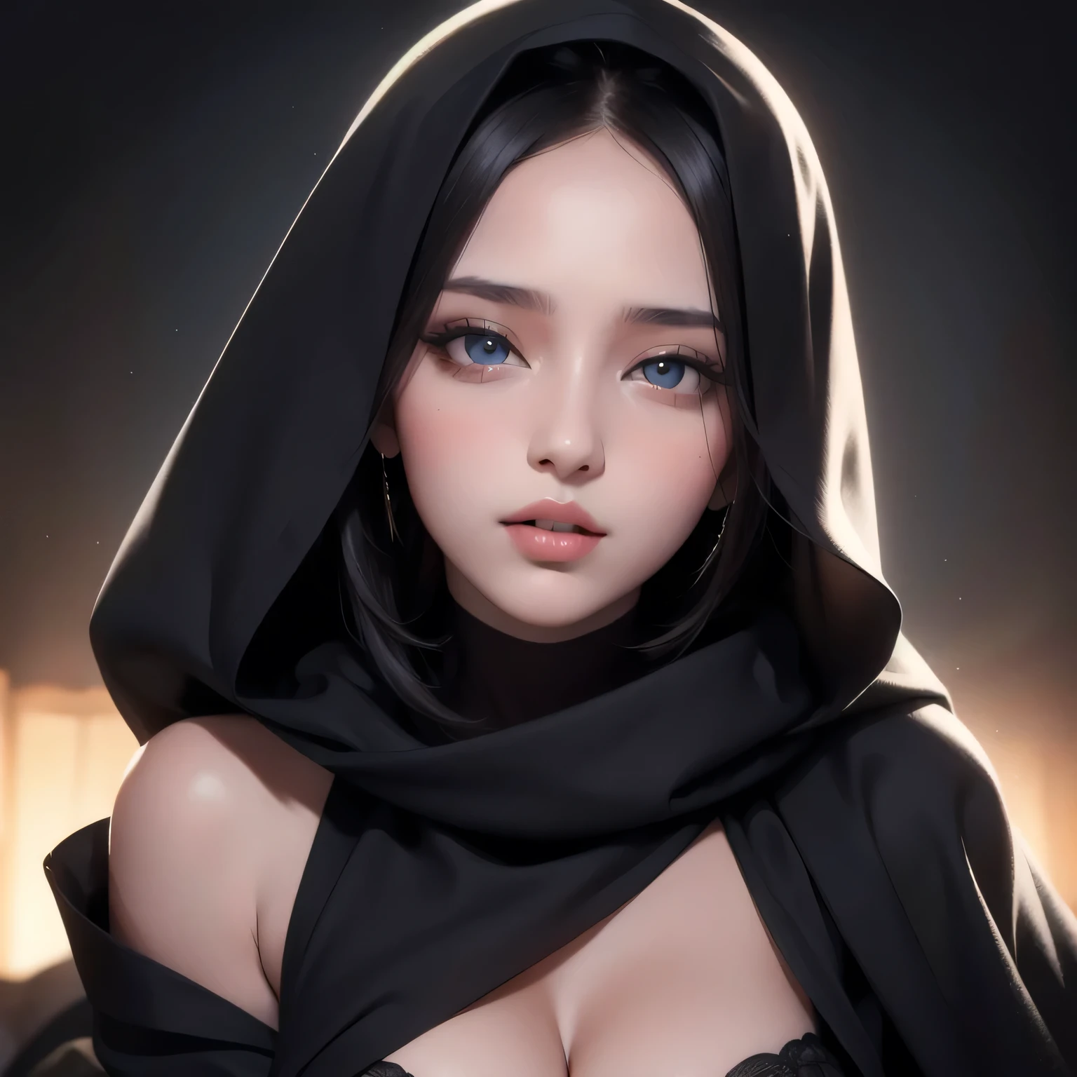 Amazing portrait of a sexy Arabian woman with a beautiful face wearing a black cloth covering over her head and face except eyes showcasing beautiful and seductive eyes in a sultry pose