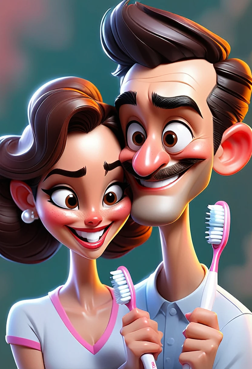 4k, Digital painting, Comic Babes, cartoon couple holding a toothbrush and smiling, caricature illustration, CARTOON ARTstyle, cartoon digital art, in cartoon style, cartoon digital painting, CARTOON ART style , digital art cartoon, CARTOON ART, cartoon style, Cartoon style illustration, happy couple, caricature, realistic cartoon, Cartoon digital painting art, caricaturist alarcón, cartoon portrait, caricature