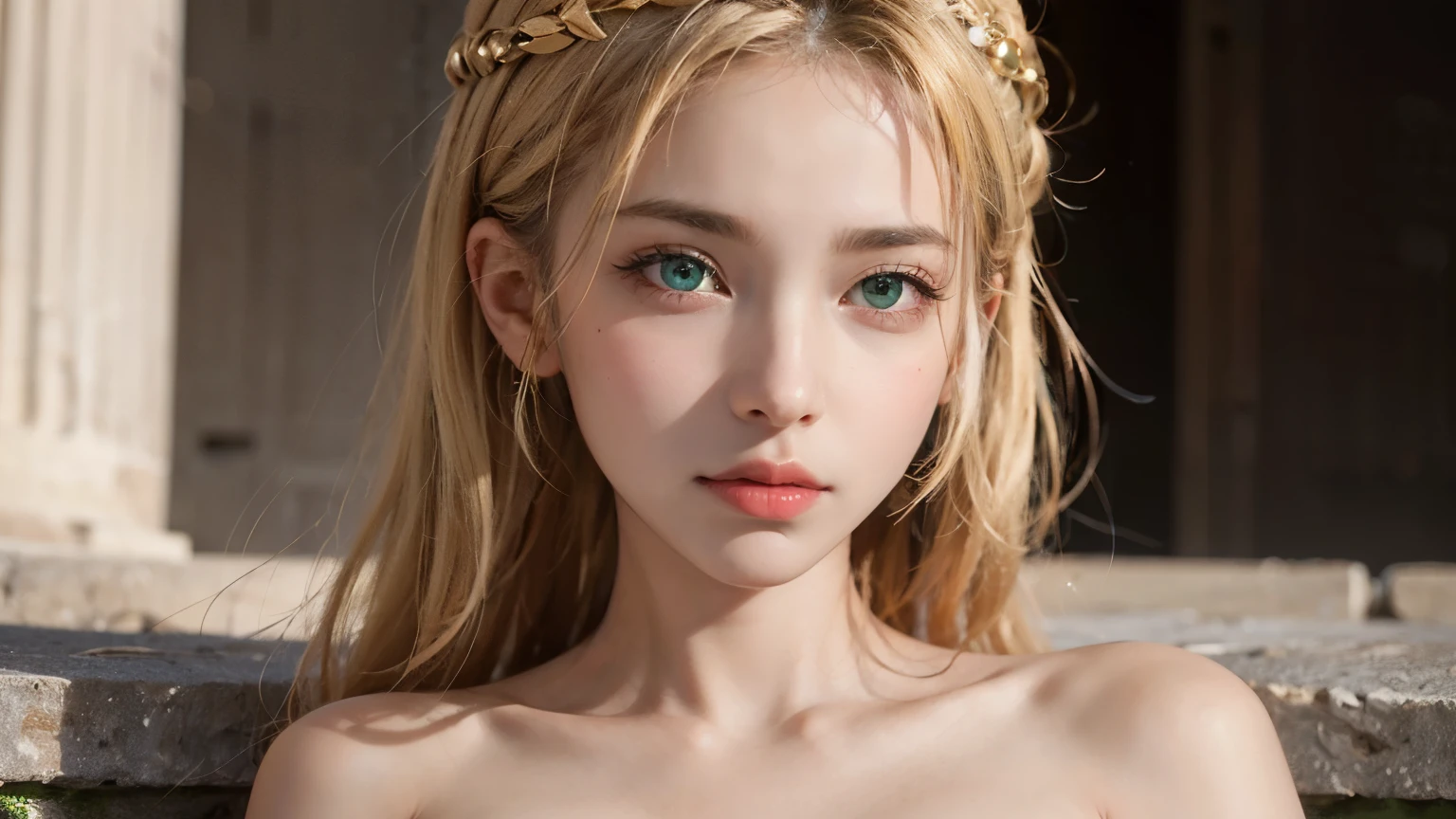 Hellenistic age, cute girl, blonde hair, green eye, cleavage, perfect face, detailed face