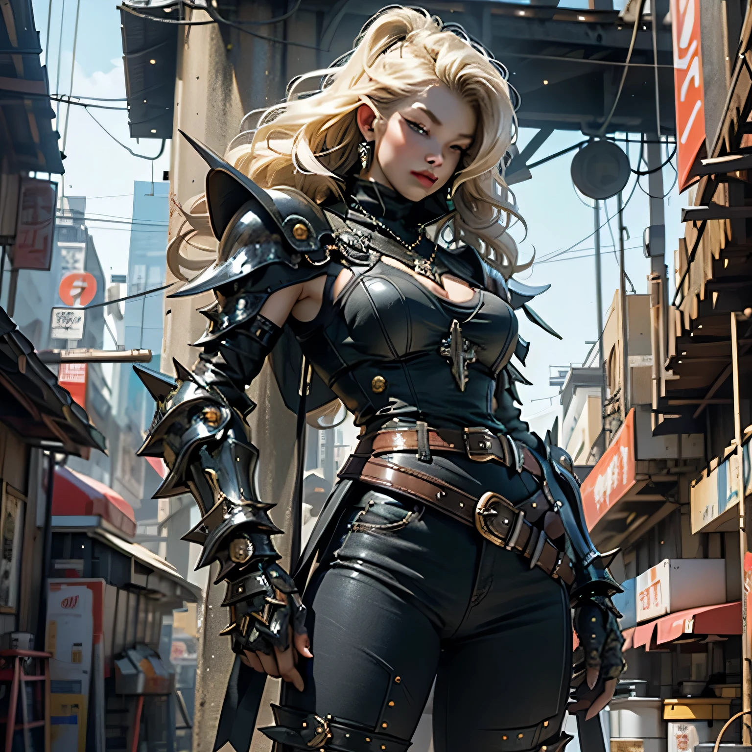 (((highest quality))), (((Masterpiece))), ((Photorealistic)),Cyber City、Big city、Female Heavy Metal,Wild Style, Blonde,Earrings, Black Metal Bikini Armor,Spiked shoulder armor,cyber punk, armor, Costume with lots of spikes and rivets, Thick cross belt,Full body tribal tattoos,Cleavage, (((From the knee up))), Glossy surface、Glowing Skin、Front facing、Composition viewed from below、View your viewers