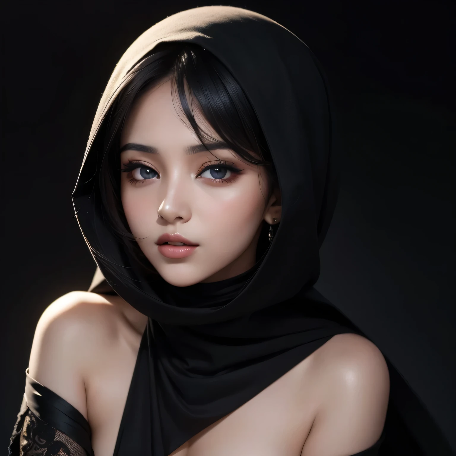 Amazing portrait of a sexy Arabian woman with a beautiful face wearing a black cloth covering over her head and face except eyes showcasing beautiful and seductive eyes in a sultry pose