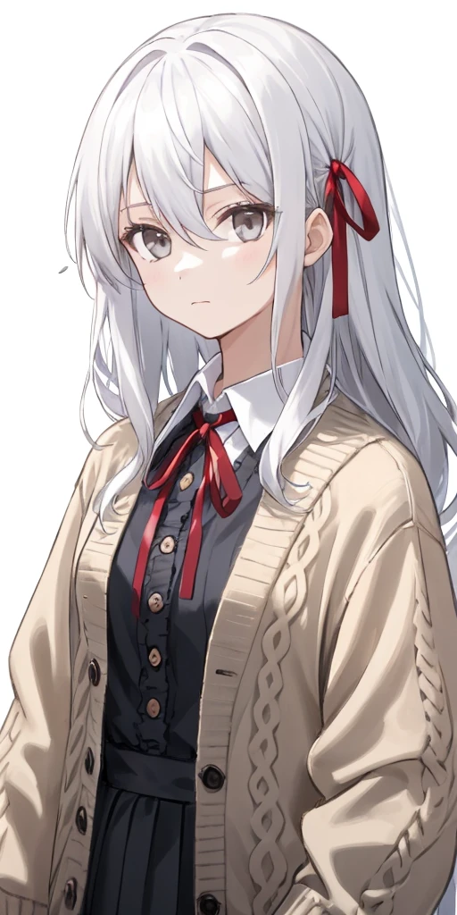 ((casual-style)), 1girl, solo, white hair, shirt, red ribbon, ribbon, looking at viewer, long hair, upper body, white eyes, white shirt, grey eyes, hair between eyes, neck ribbon, collared shirt, cardigan, closed mouth, expressionless, jacket, simple background, frills, bangs, white background, long sleeves