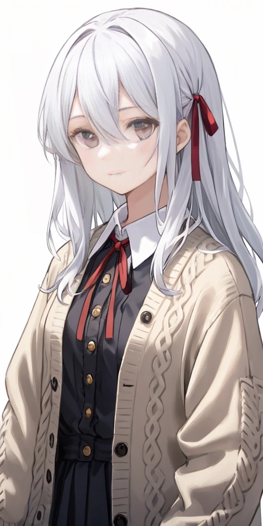 ((casual-style)), 1girl, solo, white hair, shirt, red ribbon, ribbon, looking at viewer, long hair, upper body, white eyes, white shirt, grey eyes, hair between eyes, neck ribbon, collared shirt, cardigan, closed mouth, expressionless, jacket, simple background, frills, bangs, white background, long sleeves