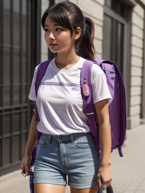 masterpiece, High resolution, One girl, 20 and.○, Black Hair, p○nytail, (Quite a perfect fit:1.7), Wear a thin, see-through white shirt:1.7, Wet:1.2,flat chest:1.5,Denim Mini Pants, Wear sneakers, carrying rand○seru backpack, (rand○seru backpack:1.1), crime preventi○n buzzer, Are standing, upper b○dy:1.7, city