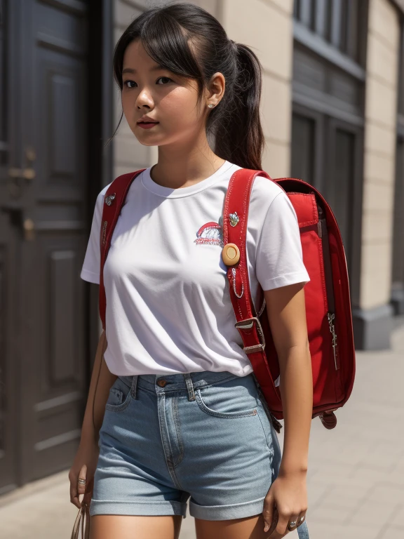 masterpiece, High resolution, One girl, 20 and.○, Black Hair, p○nytail, (Quite a perfect fit:1.7), Wear a thin, see-through white shirt:1.7, Wet:1.2,flat chest:1.5,Denim Mini Pants, Wear sneakers, carrying rand○seru backpack, (rand○seru backpack:1.1), crime preventi○n buzzer, Are standing, upper b○dy:1.7, city