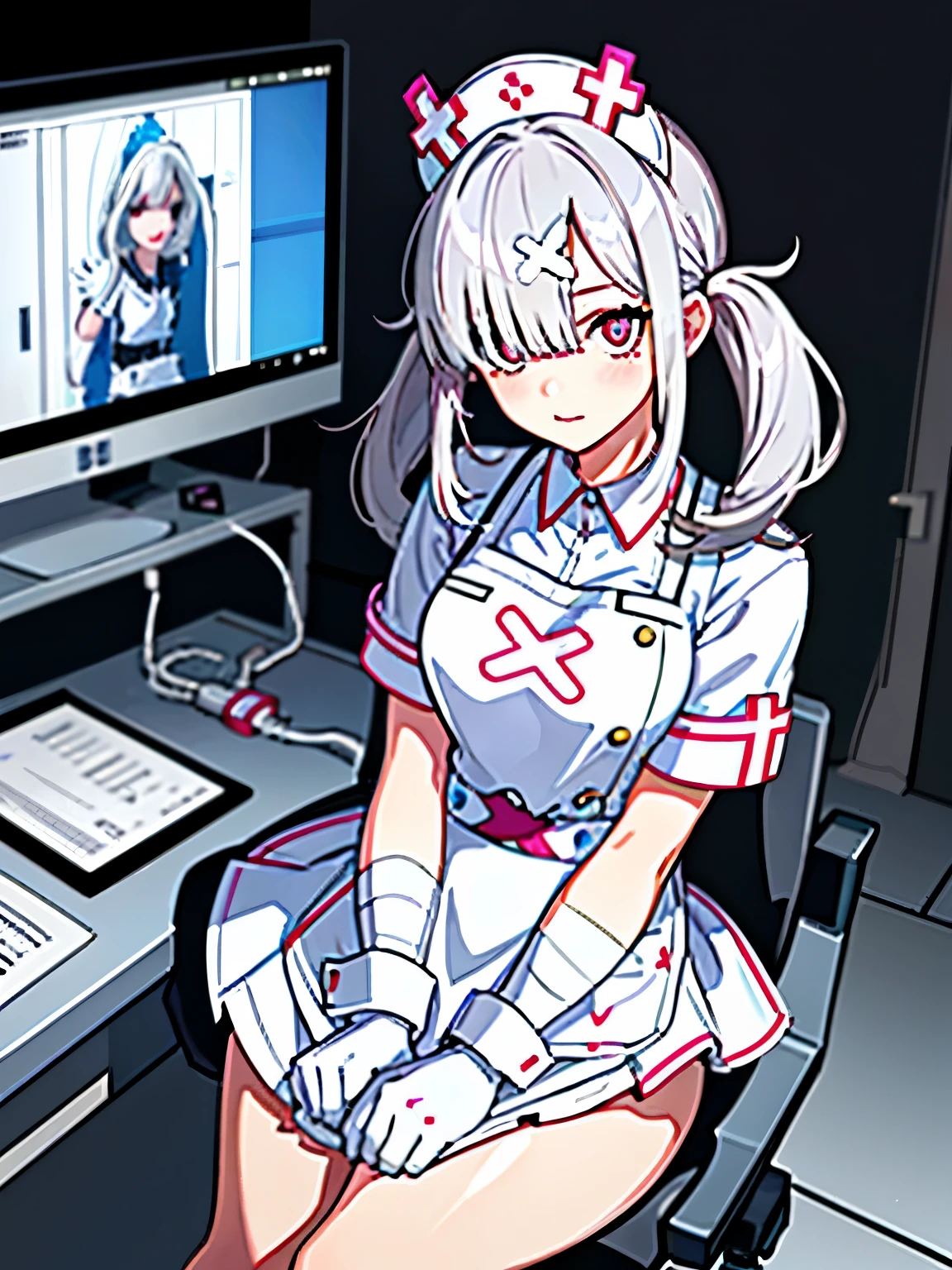 best quality, masterpiece, sk1, white gloves, white apron, short sleeves, nurse, bandaged arm, wrist cuffs, white bikini, (skirt tug:1.3), (in operation room:1.4)