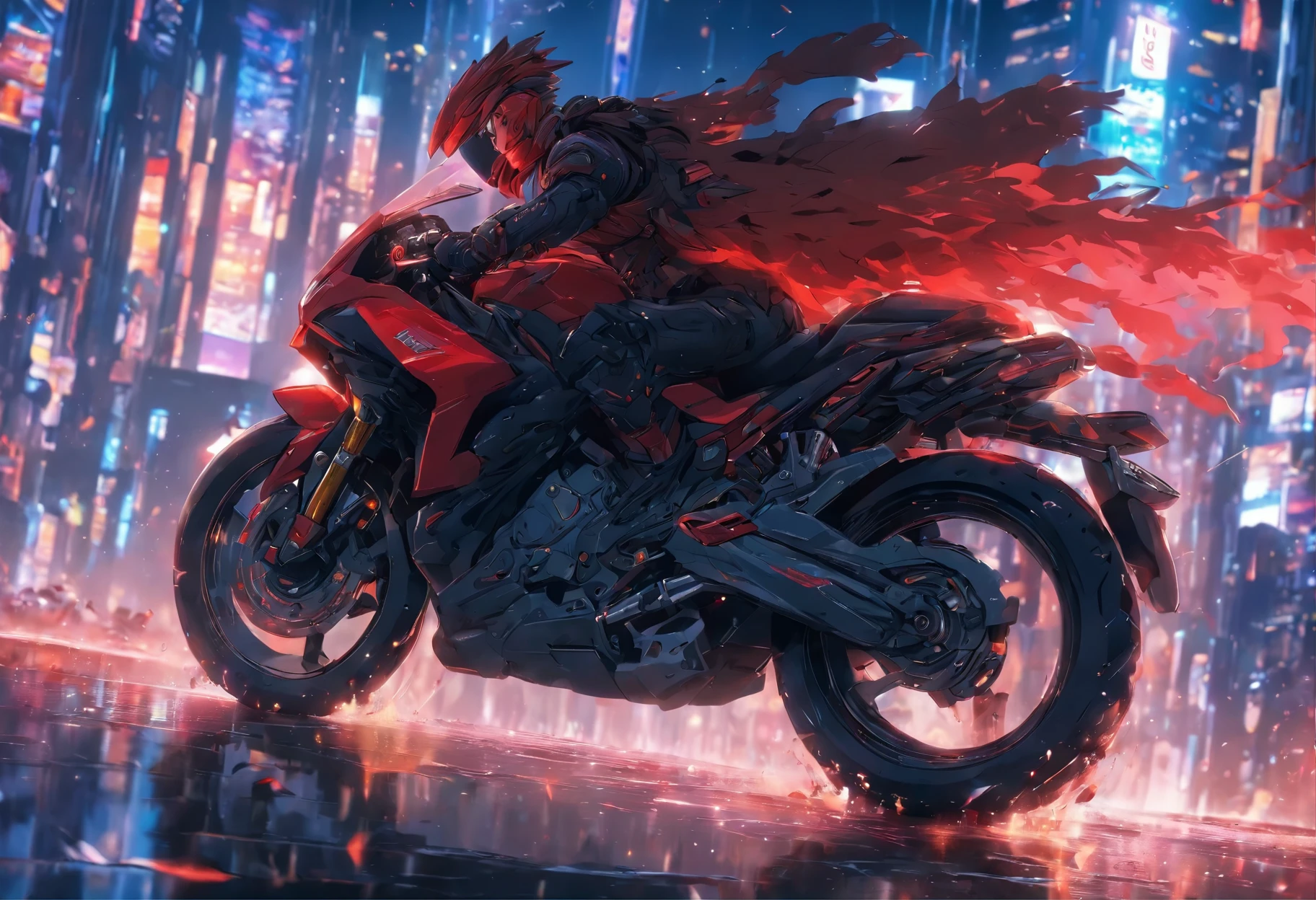 (Best quality, 8k, Masterpiece :1.2), hyper realistic, cyberpunk, at a mountain, an detailed red Motorcycle, When speeding, (Facing the audience), The blue skyscraper in the background, at night,