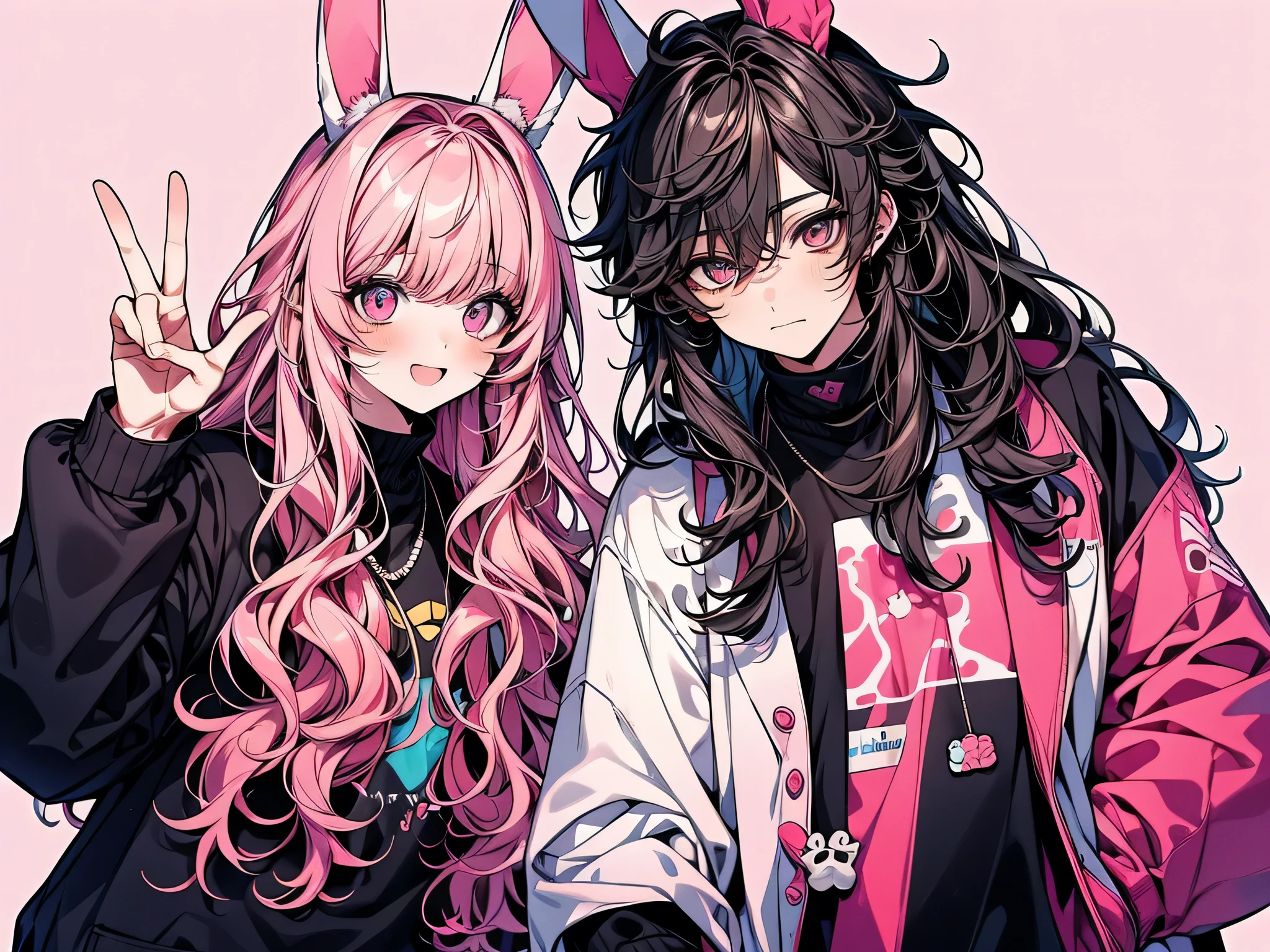 A friendly duo,making a peace sign,The first person is a handsome boy with long, curly blue hair.,The second person is a cute, beautiful girl with long pink hair and bunny ears.,Both of them are in .,Both are students,A good friend