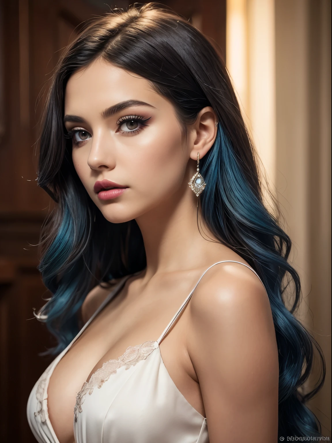 (Best quality,8K,A high resolution,Masterpiece:1.2, DSLR, 16k ),Ultra-detailed,(Realistic,Photorealistic,photo-realistic:1.37),Portrait, Creative style artwork, Historical, classical, Sophisticated, plethora of colors ,Highly detailed, Soft lighting, luxurious environment , black dress, there is young woman , girl wearing a red classy royal dress, performing a music video, slim fit (oval perfect shape, asymmetrical face structure, perfect proportion, almond eye type, hazal eye color, detailed eyes, blue hair color, 32 inch breasts, hourglass figure, slim body, pale white skin tone ,sexy girl, 25 years old, soft wavy hair, looking away, attitude expression, professional makeup, pink lips)