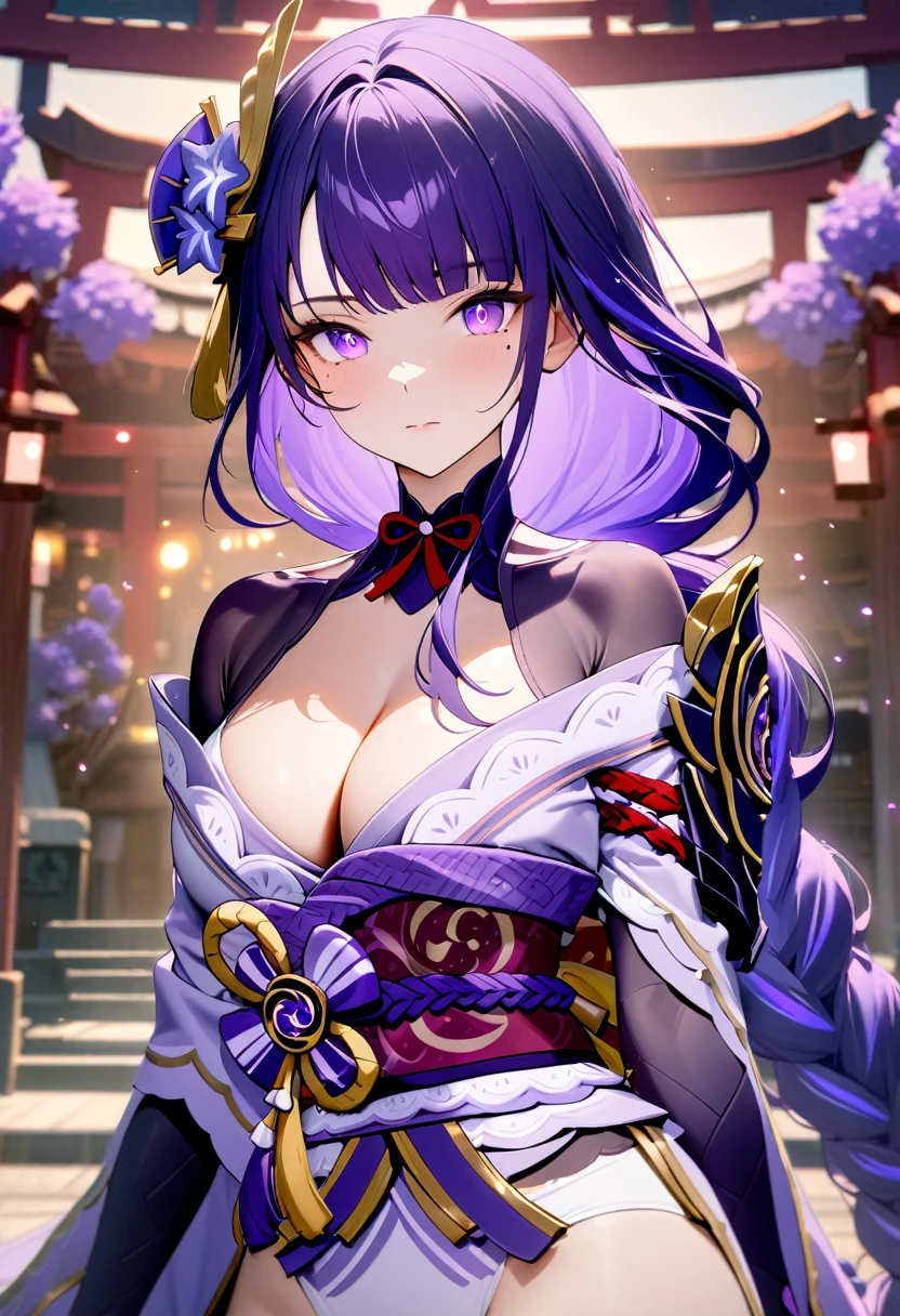 masterpiece, 8k, high resolution, detailed background, bokeh, shrine, raiden shogun, standing in front, perfect portrait, cinematic background, glowing particles, semi-realistic, solo, long hair, looking at viewer, hair ornament, ((white bikini)), cleavage, closed mouth, purple pupils, purple hair, braid, mole, blurry, sash, mole under eye, purple flower, (sfw), 