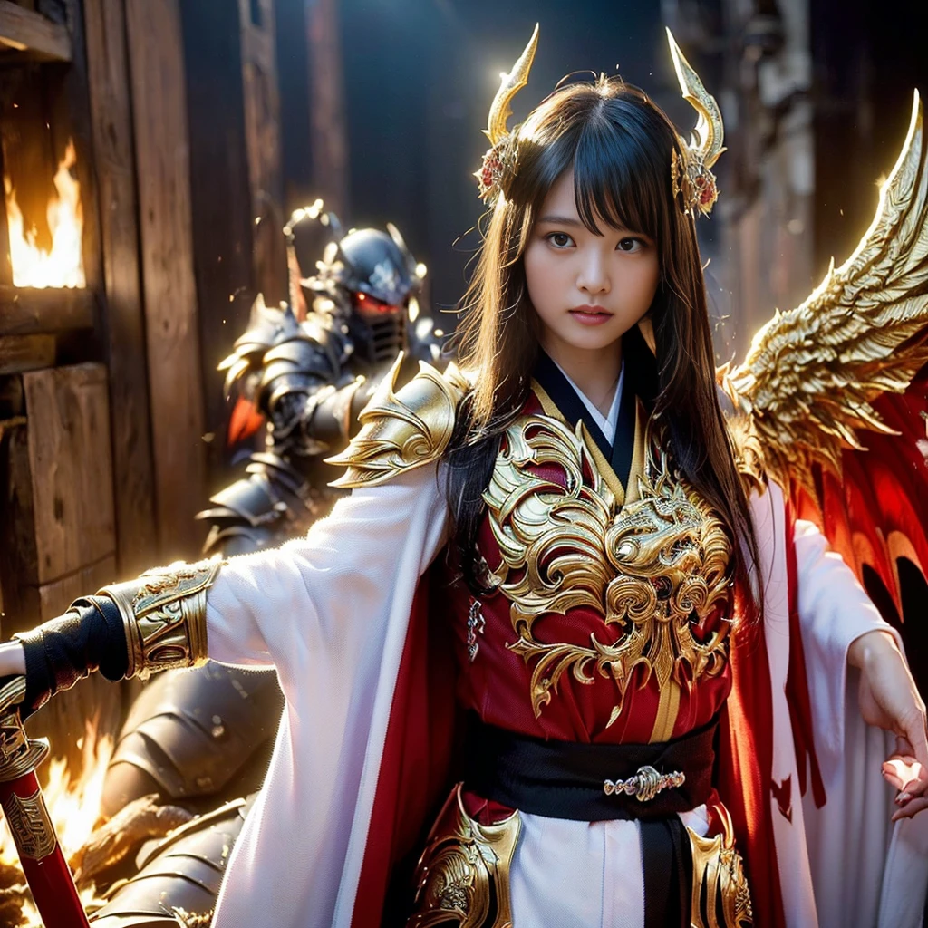 (((Realistic, masterpiece, best quality, crisp detail, high definition, high detail, very rich detail, sharp focus, sharp detail, colorful, perfect studio lightning))), ((20 years old goddess, kasumi arimura)),(((in the middle of war, epic war scene, attack stance))), wearing (((beautiful decorated golden heavy armor, dragon armor, decorated full body armor, fully armored beautiful kimono, wide golden wings))), (flying, swinging katana, blood scattered face, blood tears, blood bath, blood shed), (((fire everywhere, blood everywhere, death everywhere, japan bakumatsu period, dead bodies,carcass,burned japanese castle,hellish,chaos)) traditional village background)